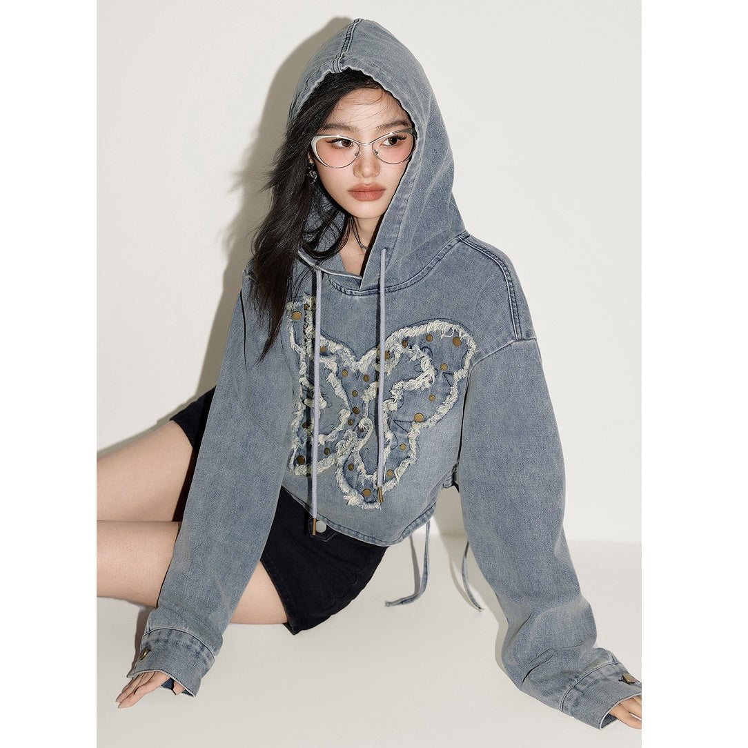 Butterfly Stitch Cropped Hooded Denim Pullover EP1001