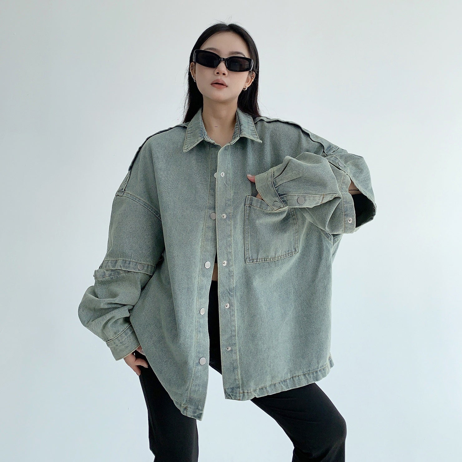 Sleeve Detachable Denim Shirt Jacket MW9566