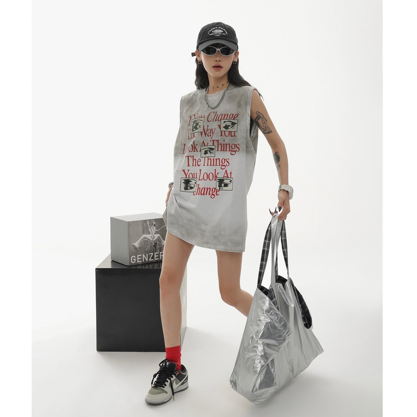 Washed Lettering Print Loose Sleeveless T-Shirt AC7045
