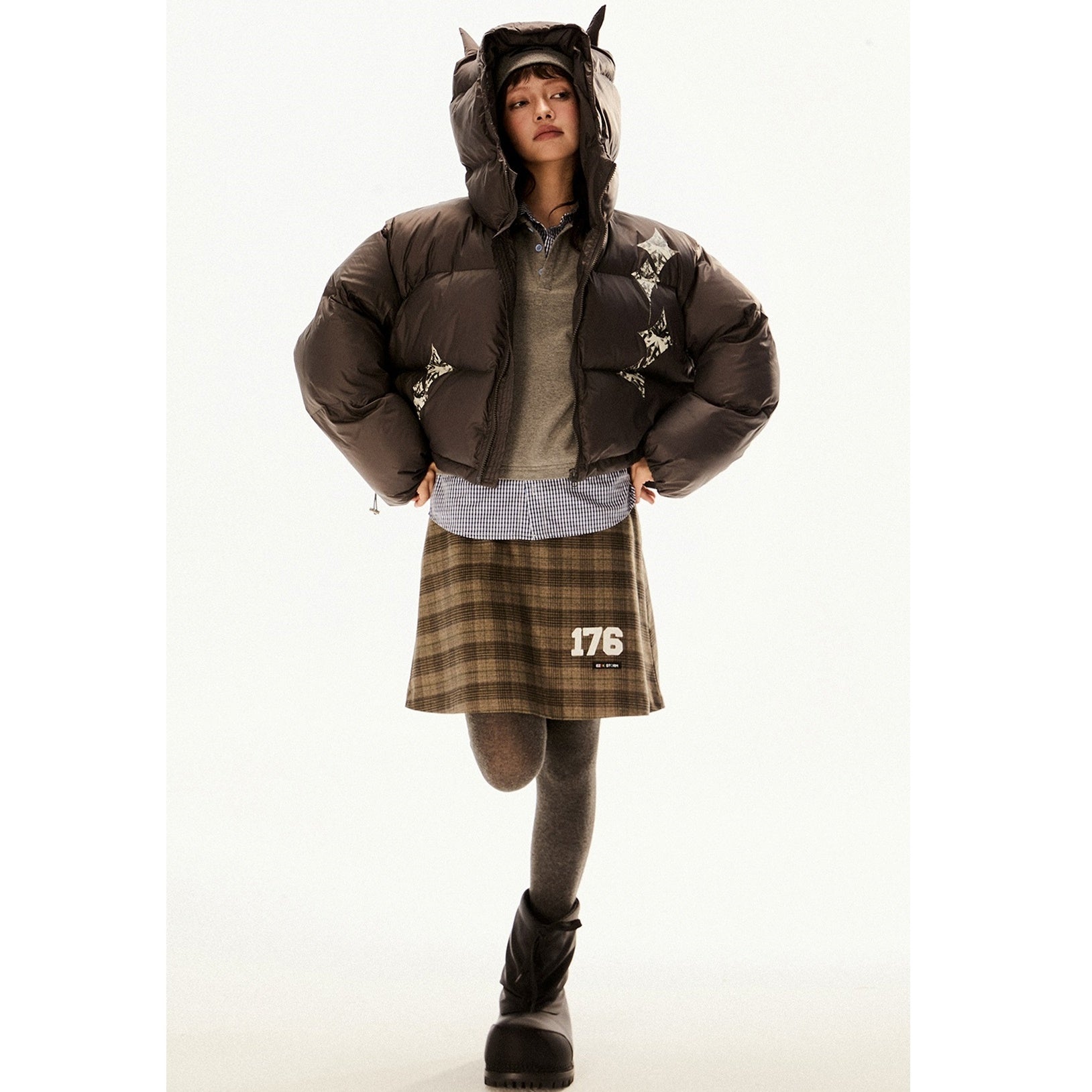 Horn Hooded Print Short Padded Jacket EZ215