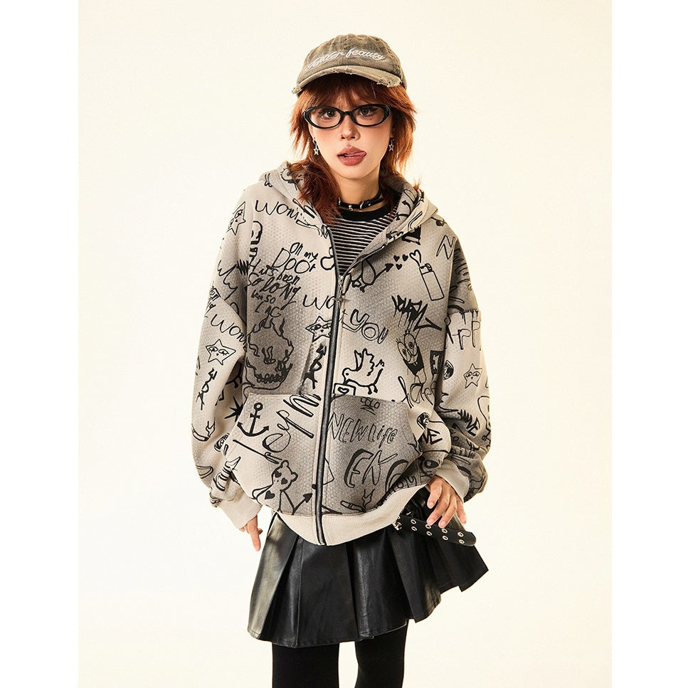 Doberman Ear Hooded Graphic Print Zip-Up Parka MW9701