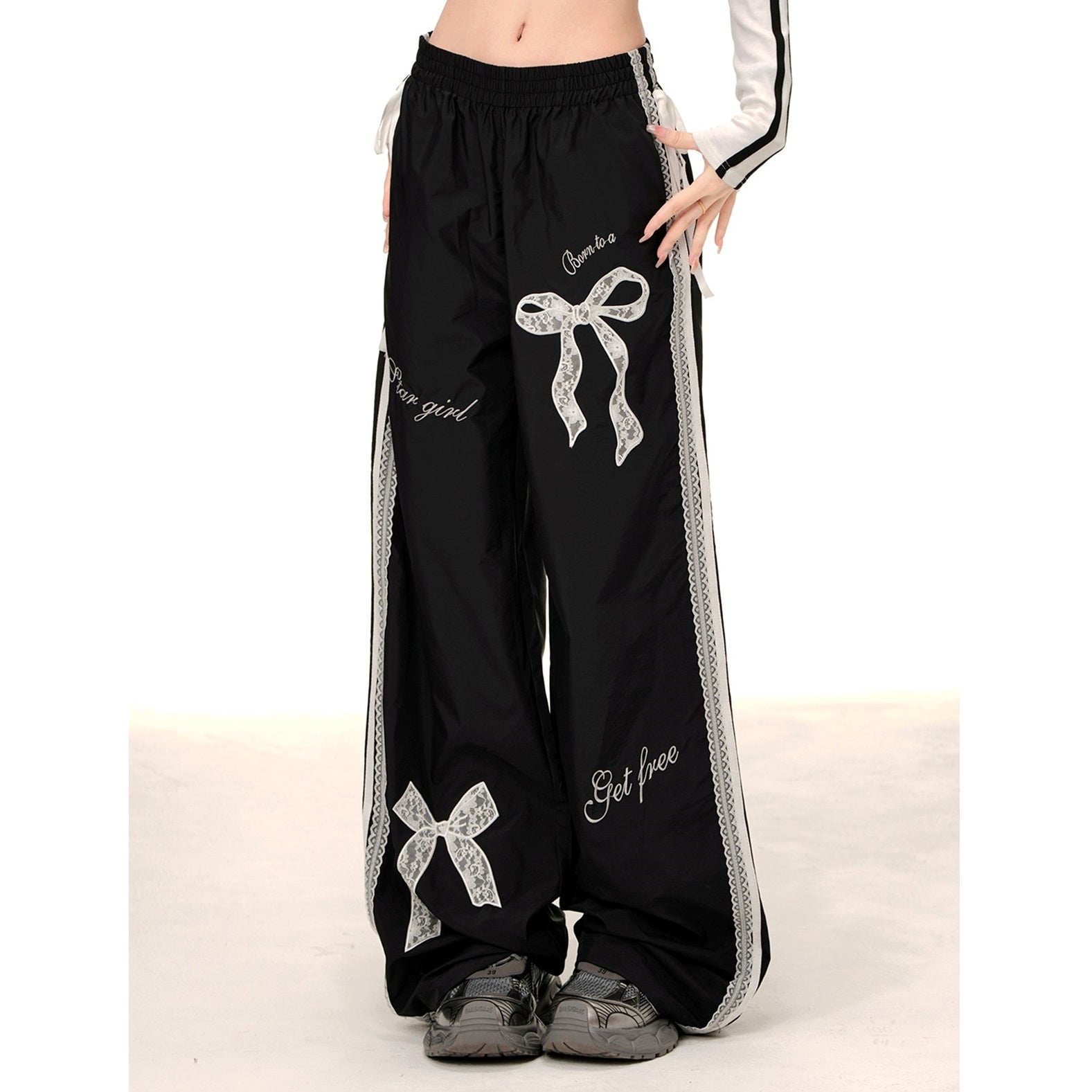 Bow Lace Loose Straight Track Pants KK2017