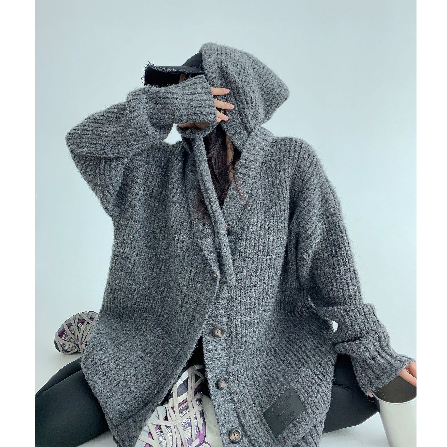 Heavy Industry Coarse Needle Hooded Knitted Jacket MW9512