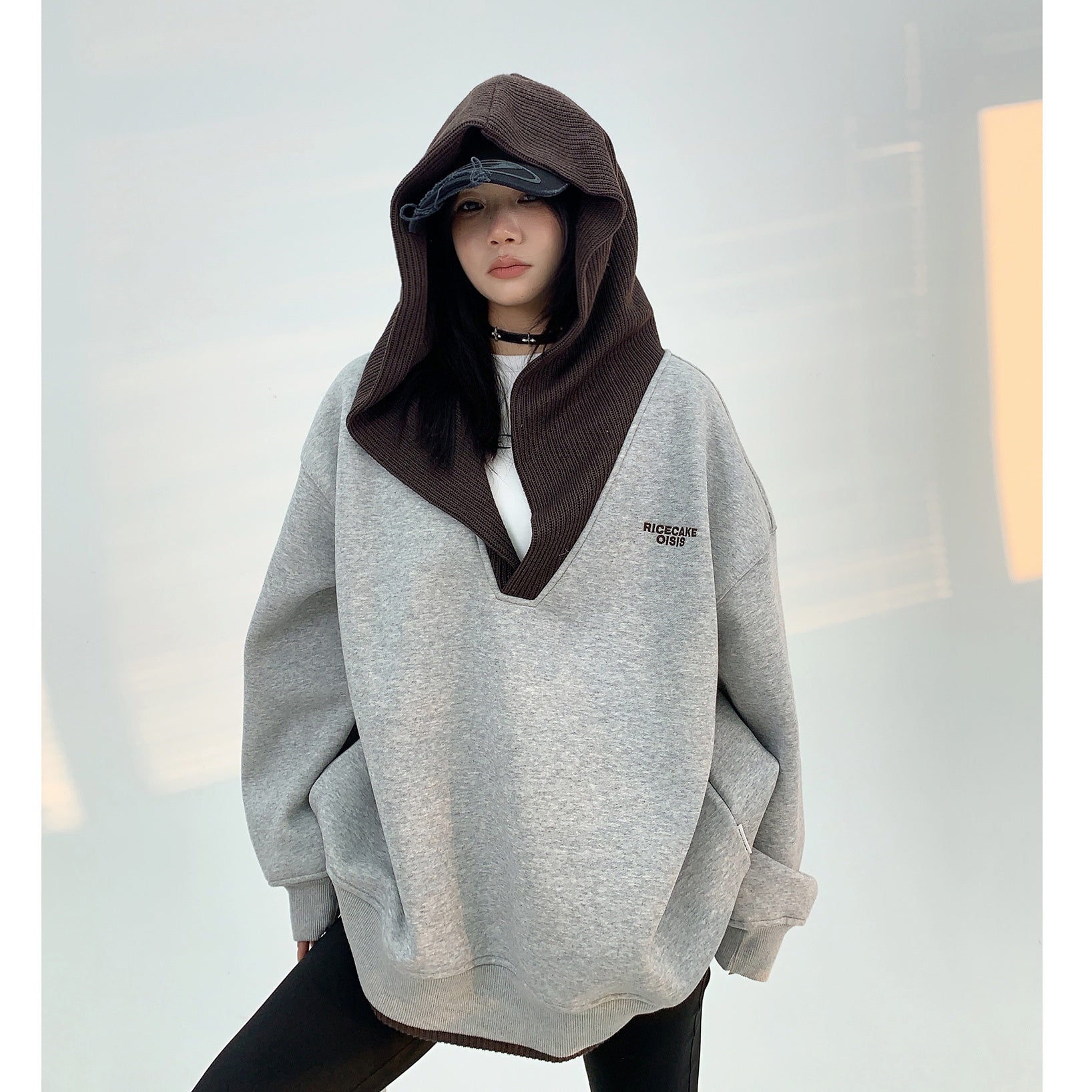 Knit Hooded Stitching Sweat Pullover MW9842