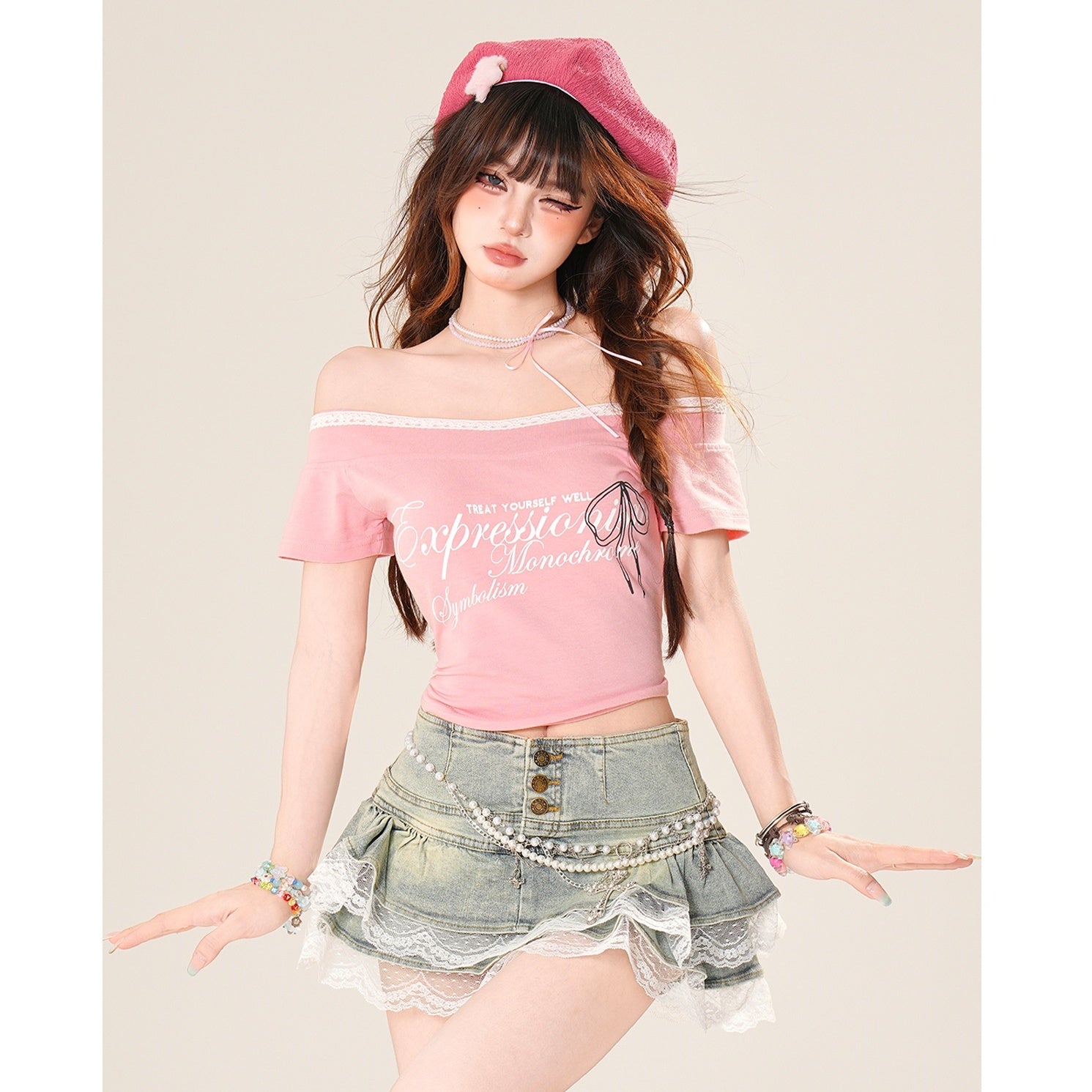 Off-Shoulder Lace Cropped Slim T-Shirt KK2058