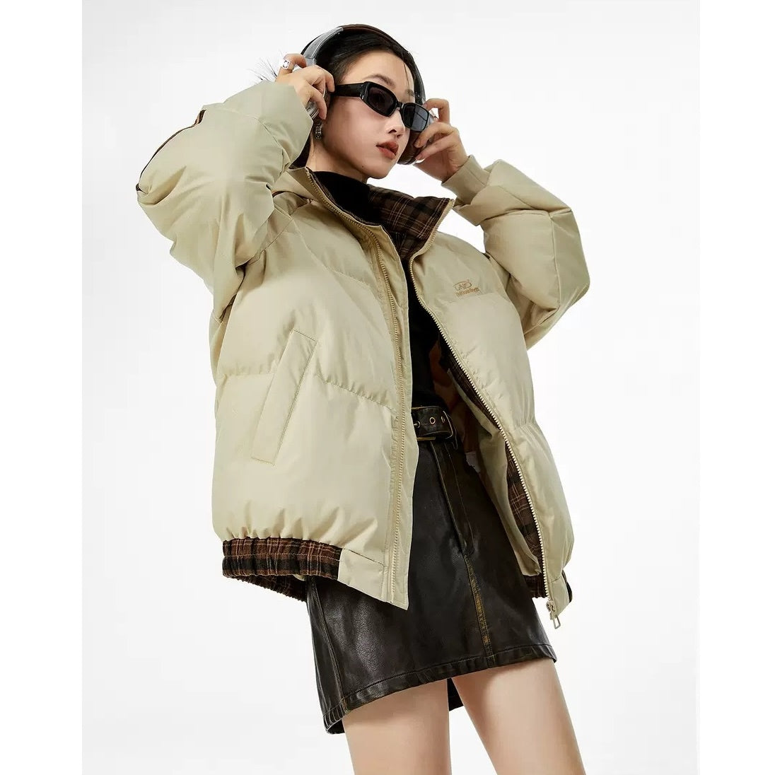 Contrast Check Striped Stand Collar Padded Jacket IC9003