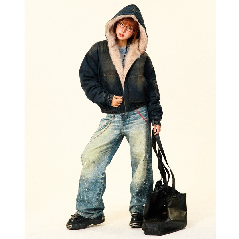 Fluffy Fur Denim Hooded Jacket MW9703