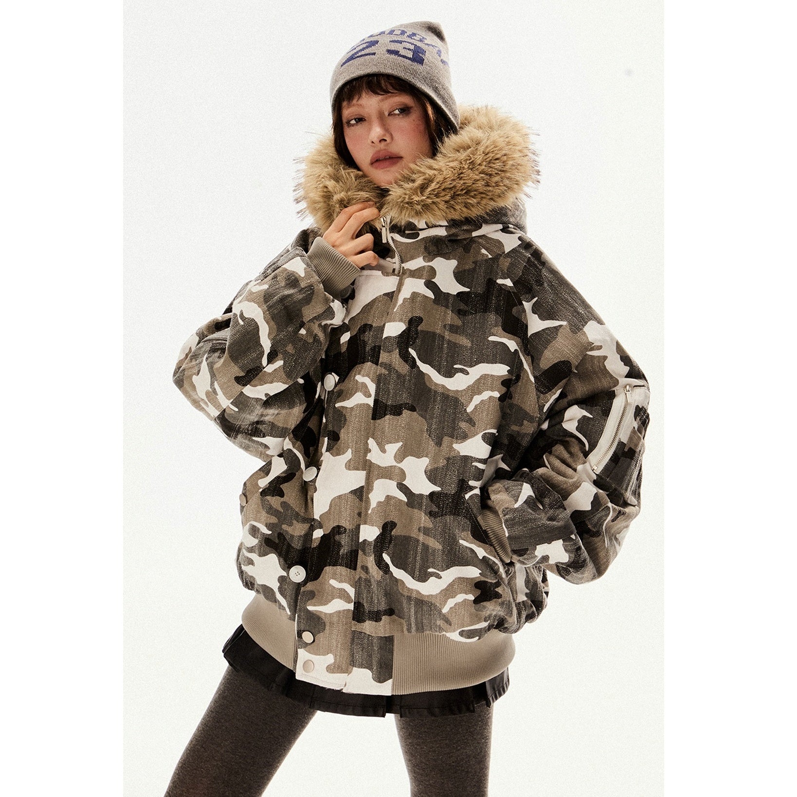 Fur Collar Hooded Camouflage Zipper Jacket EZ194