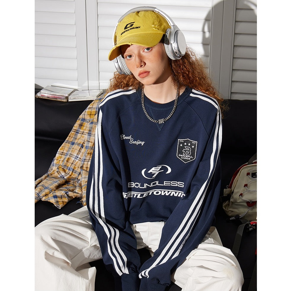 Sports Embroidery Crew Neck Loose Pullover BT7029