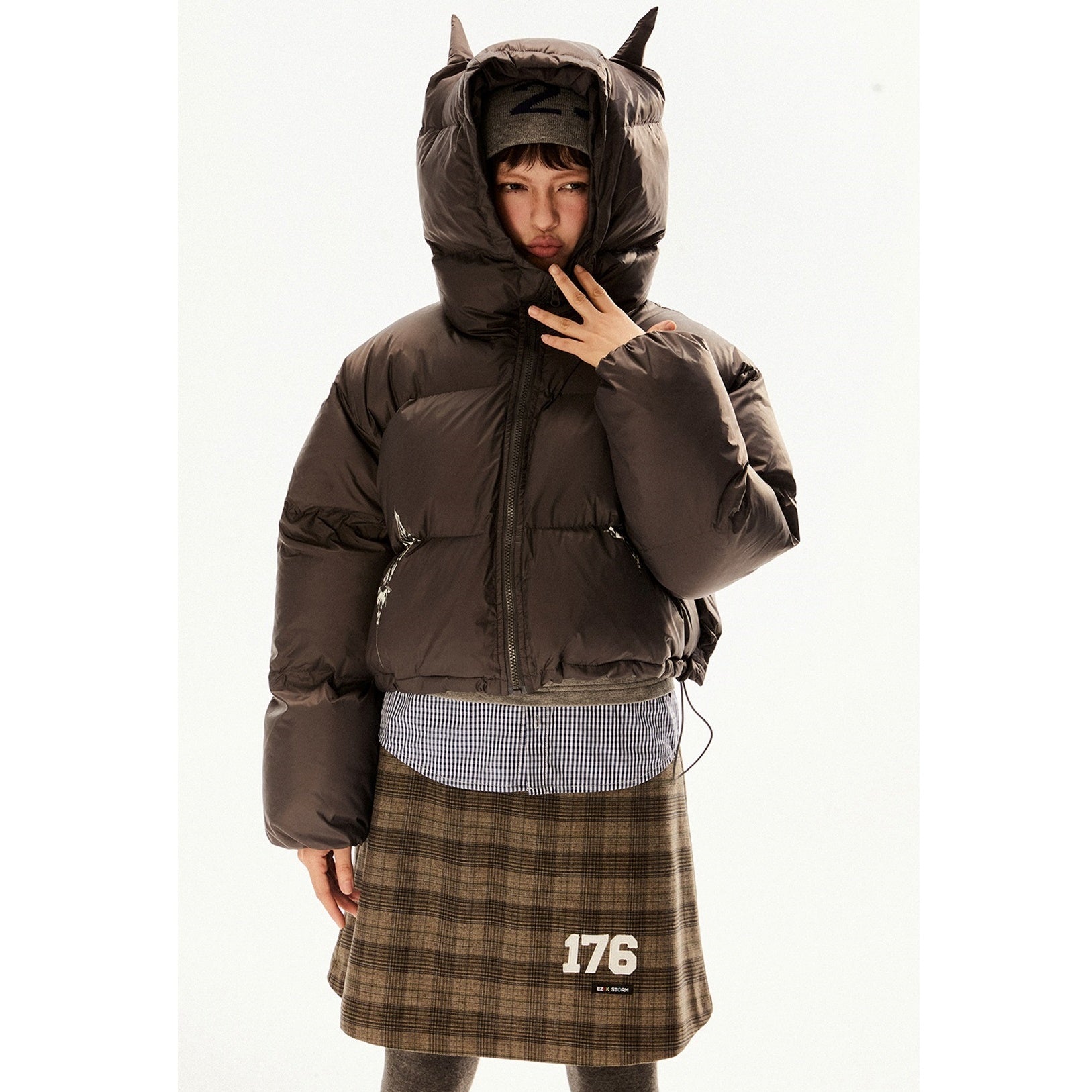 Horn Hooded Print Short Padded Jacket EZ215