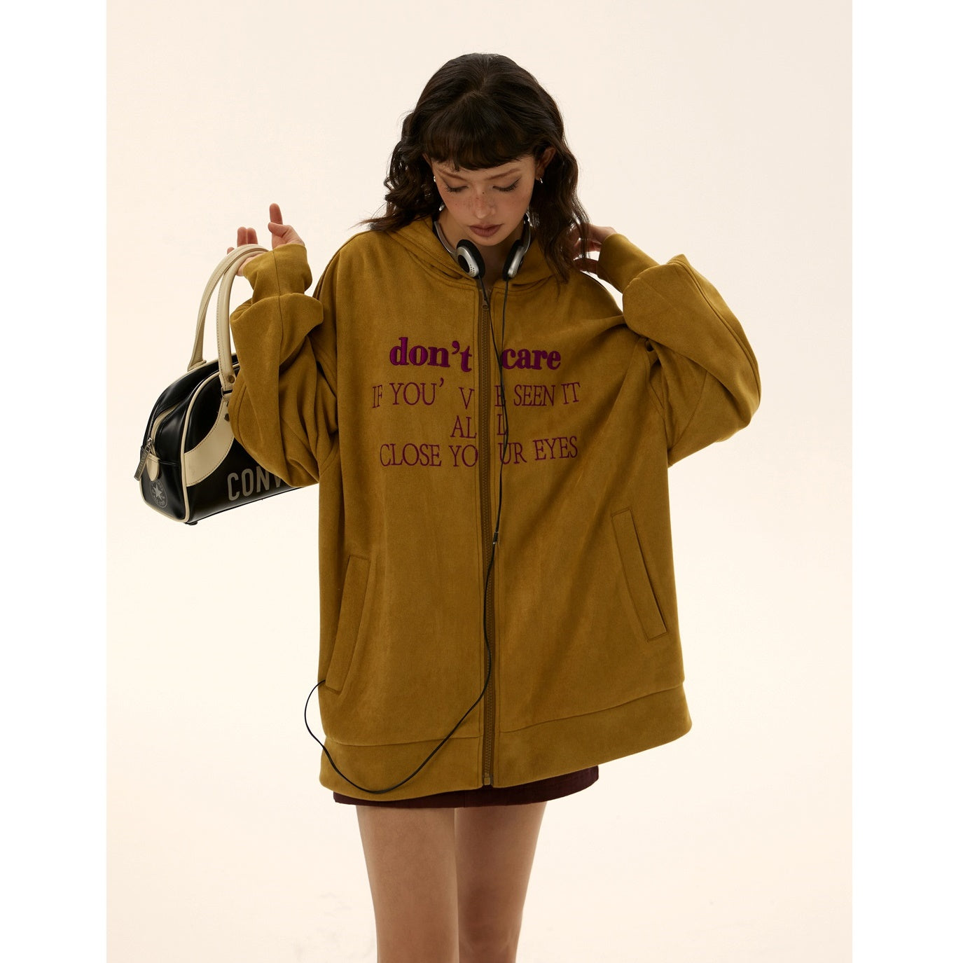 Oversize Fake Suede Letter Embroidery Parka EZ139