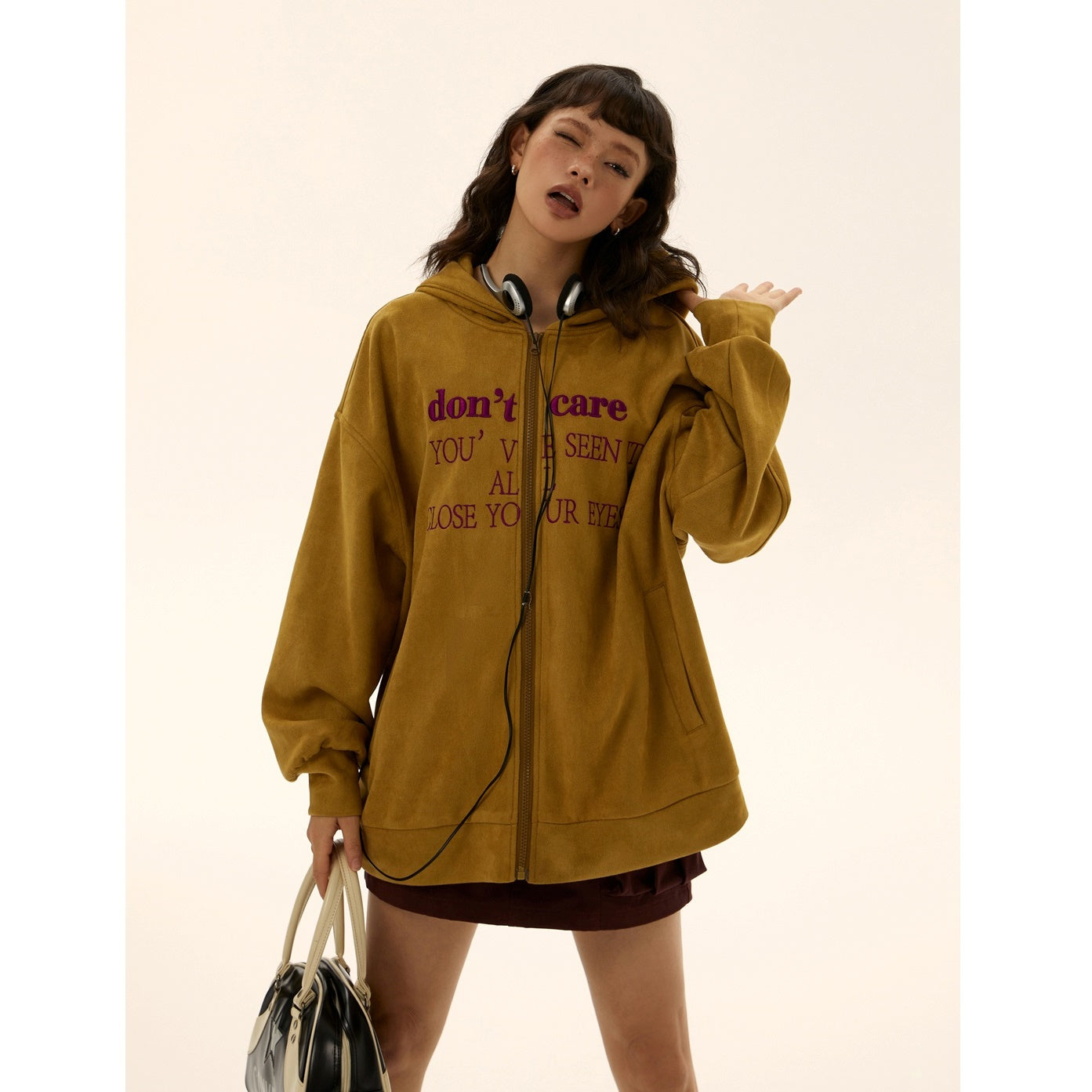 Oversize Fake Suede Letter Embroidery Parka EZ139