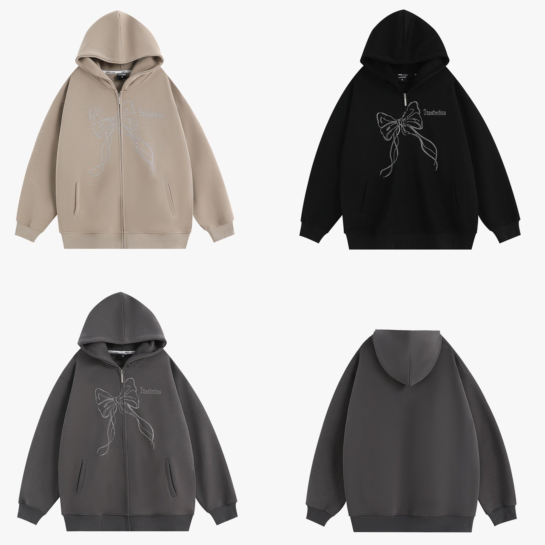 Rhinestone Bow Logo Loose Hooded Zip Parka IN7012