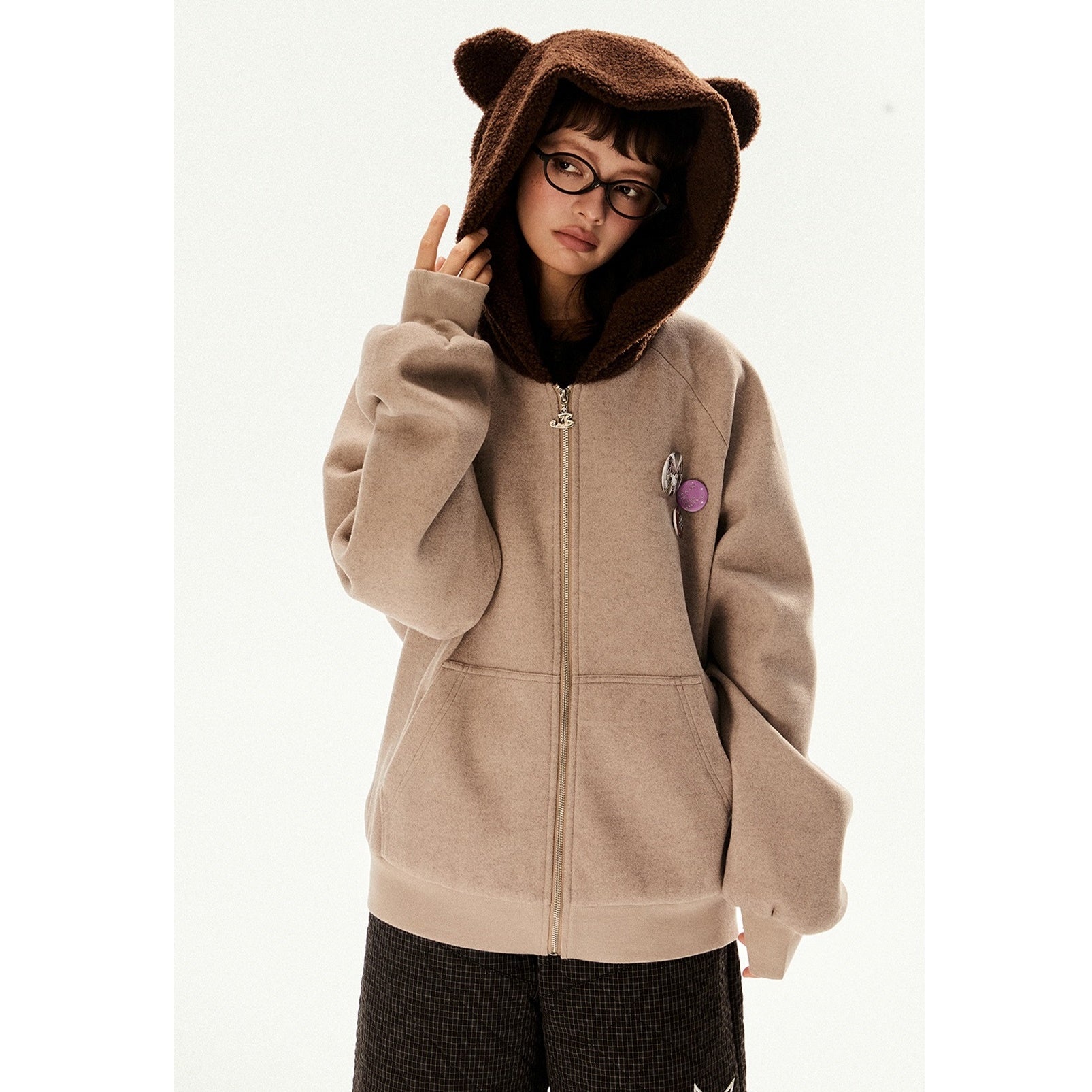 Raglan Sleeve Bear Design Hooded Zipper Jacket EZ196