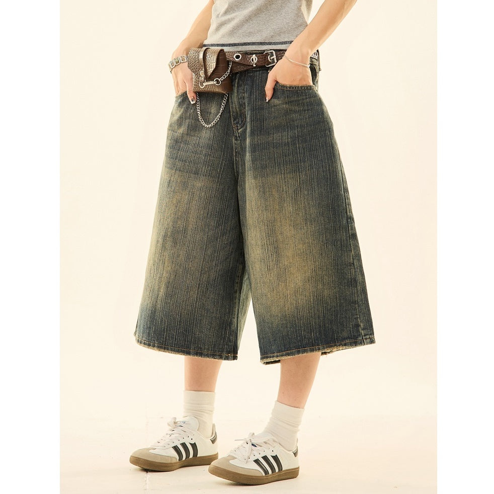 Vintage Wash Distressed Denim Wide-leg Cropped Pants MW9267