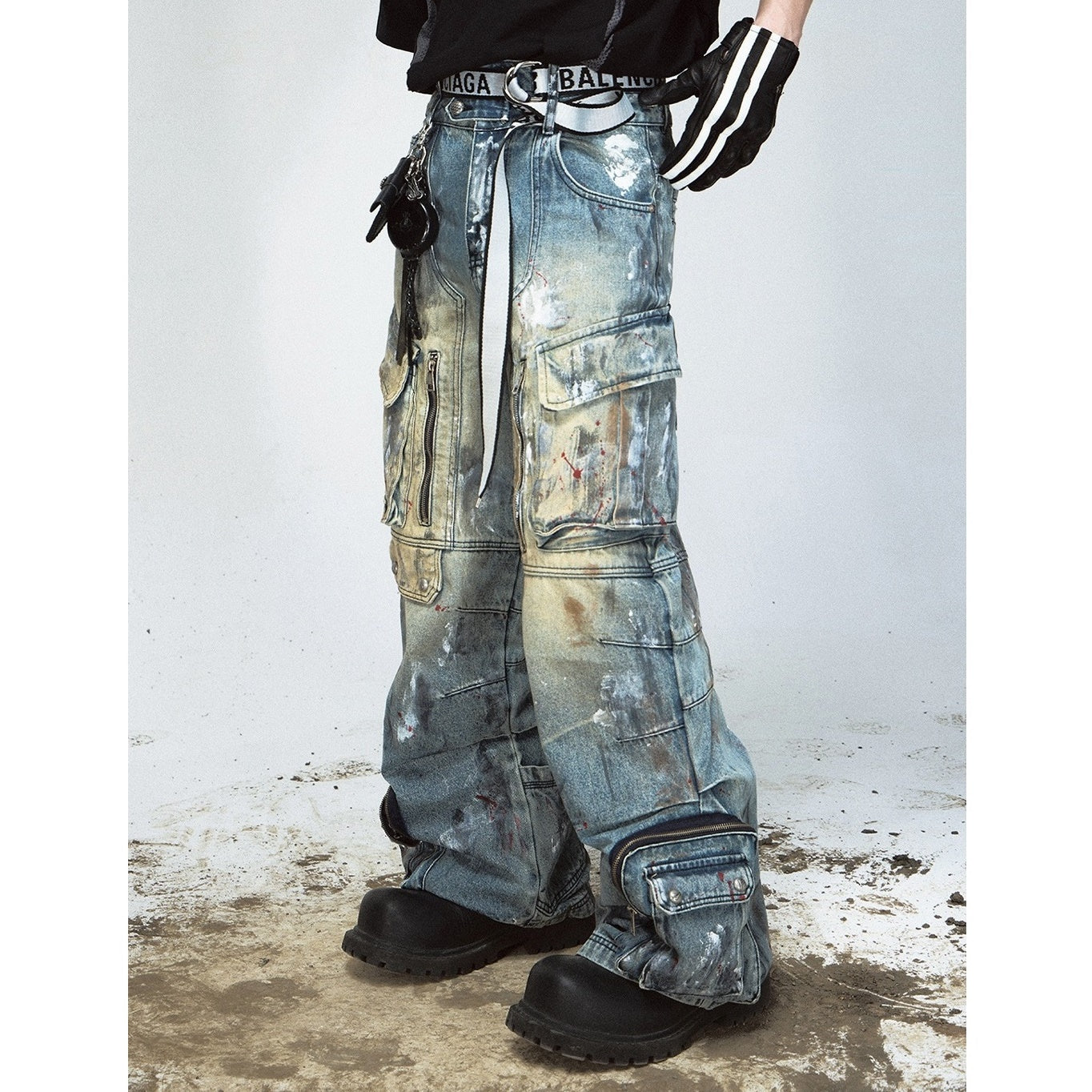 Graffiti Paint Design Multi-pocket Wide-leg Jeans PS7007