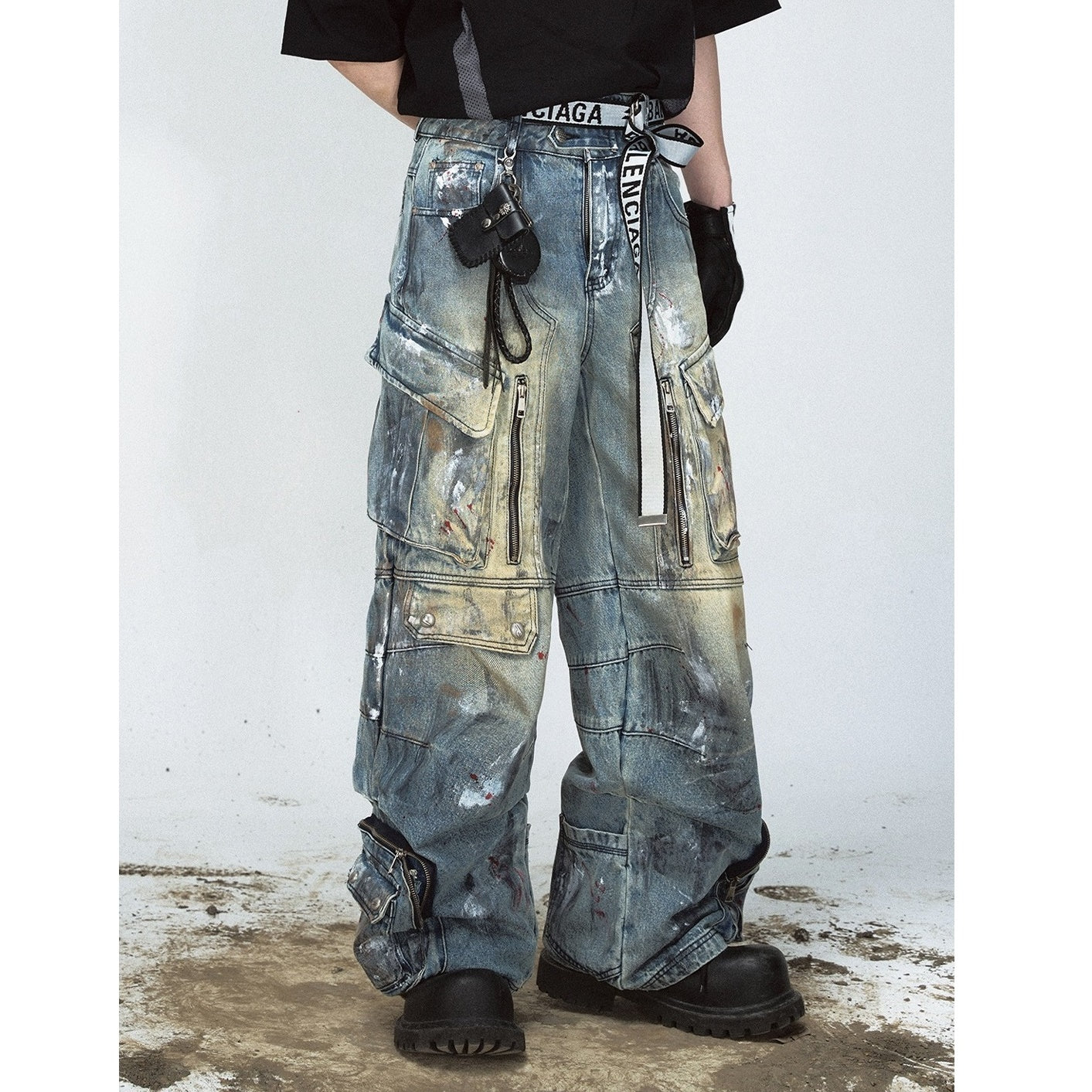 Graffiti Paint Design Multi-pocket Wide-leg Jeans PS7007