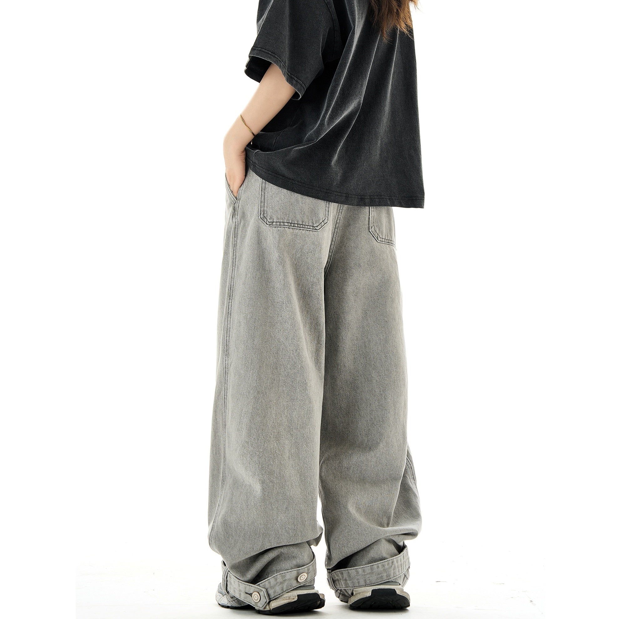 Wide-leg Strap Design Tuck Jeans HG7095