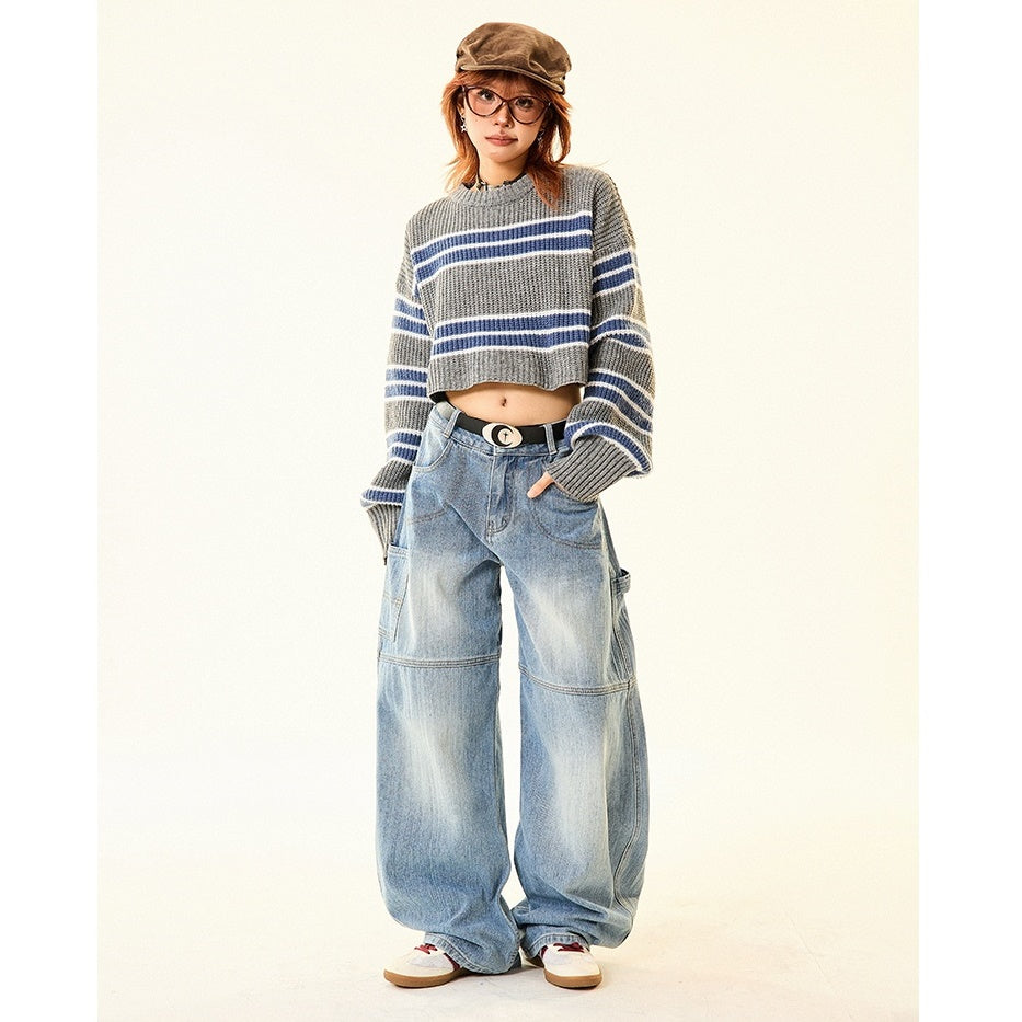 Back Print Loose Barrel-Leg Work Jeans MW9700