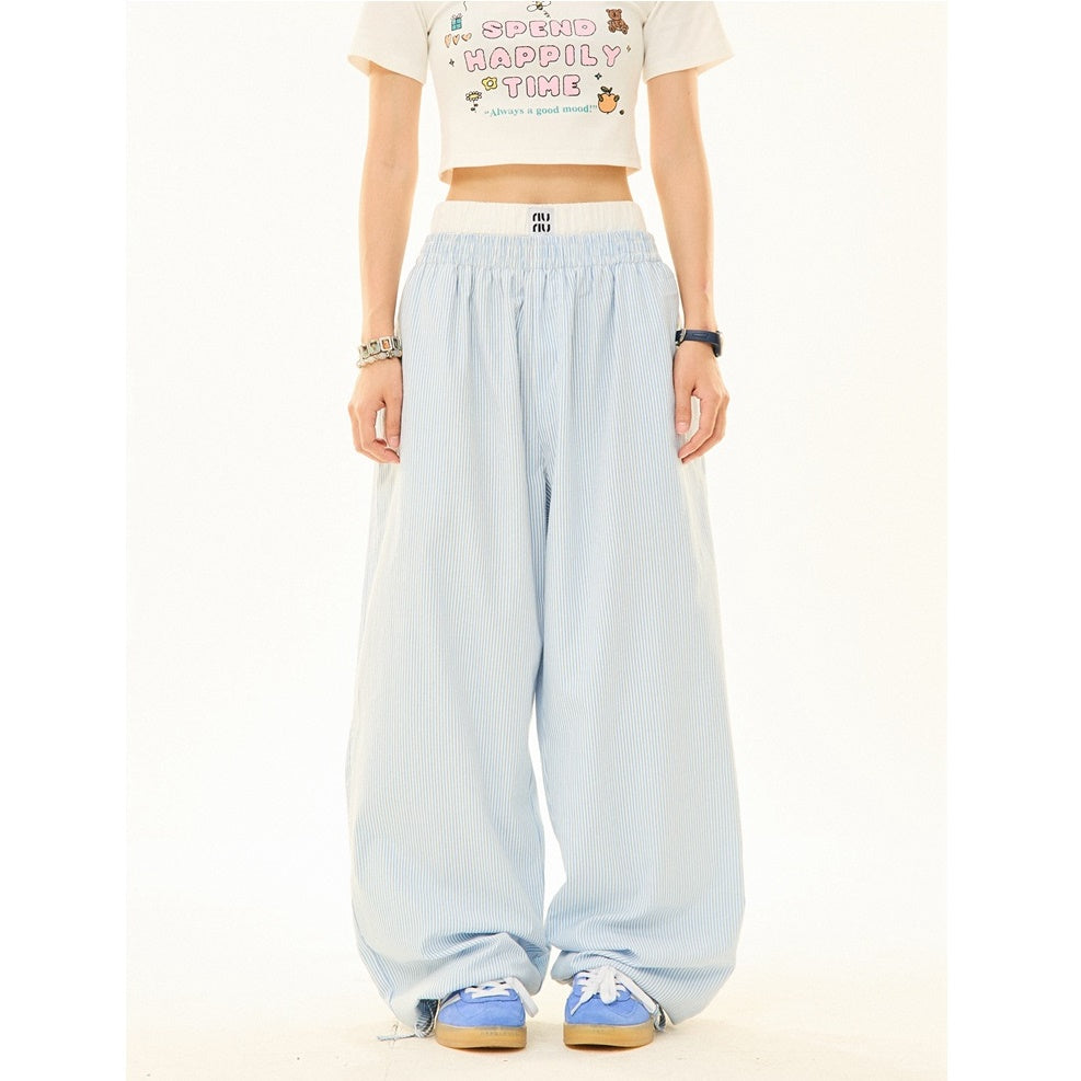 Double Waist Striped Wide-legged Long ＆ Short Pants MW9269