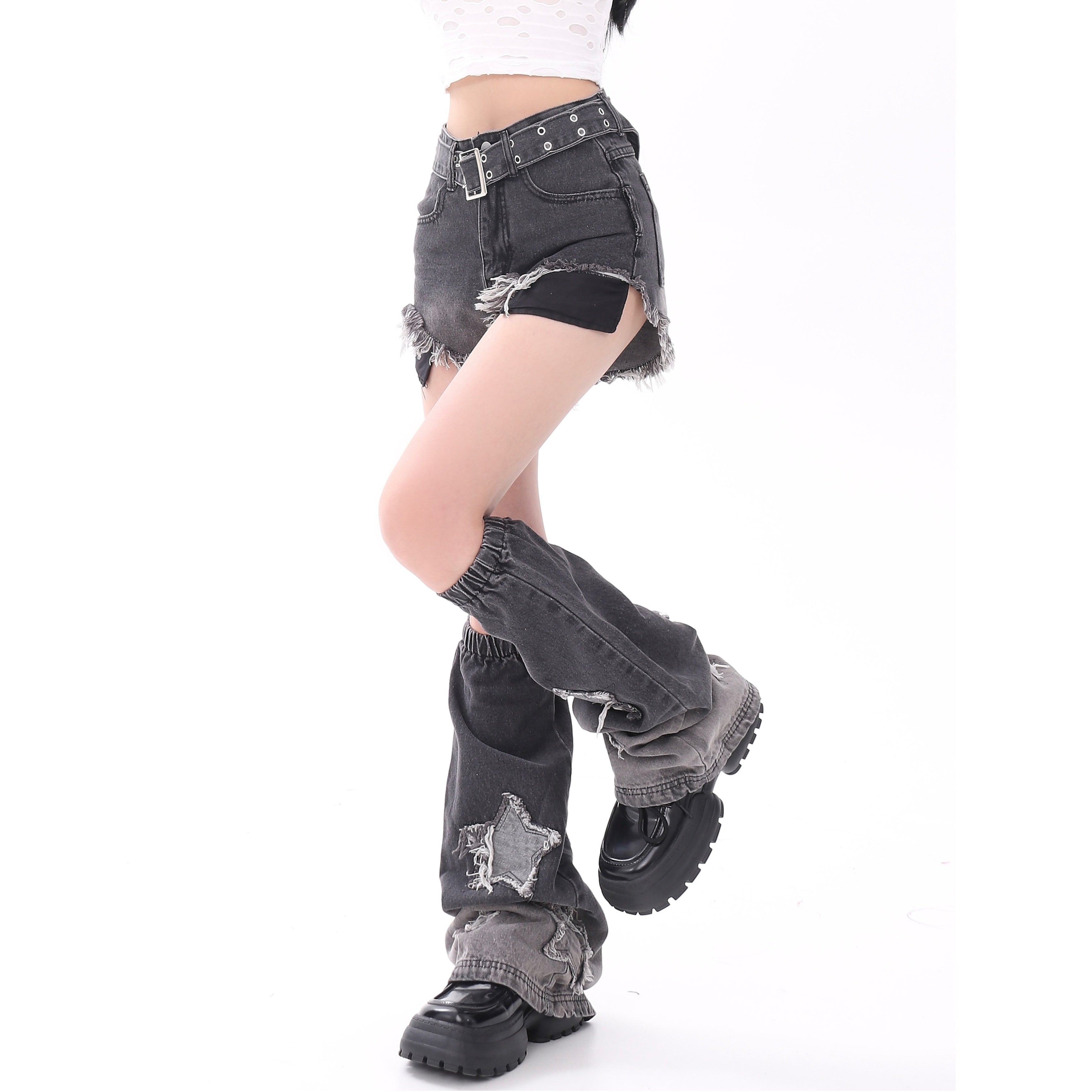 Star Patch Gradient Denim Short Pants & Leg Cover NA7014