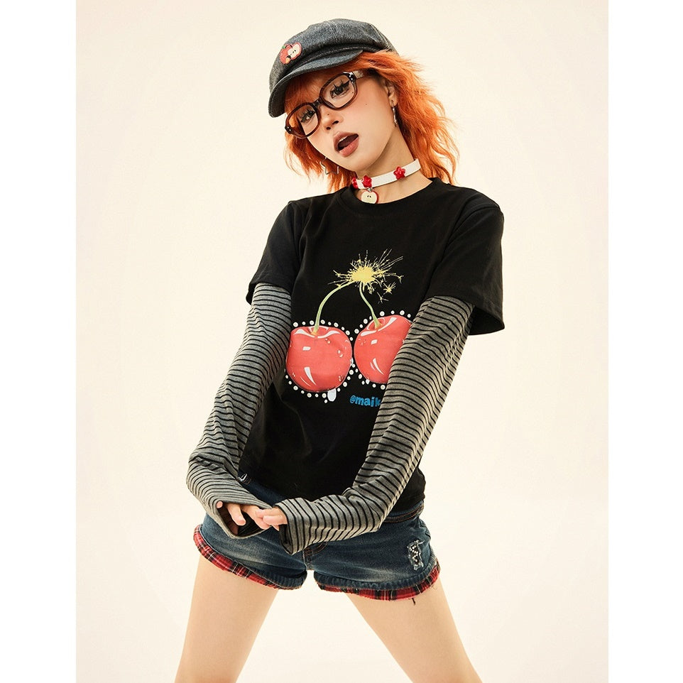 Cherry Print Fake Layered Long Sleeve T-Shirt MW9330