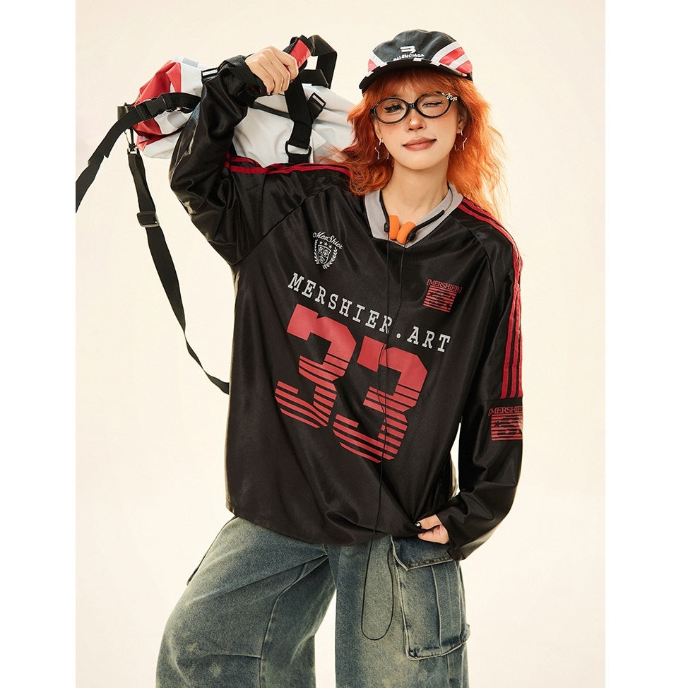 V-neck Sports Style Jersey Long-sleeved T-shirt MW9285