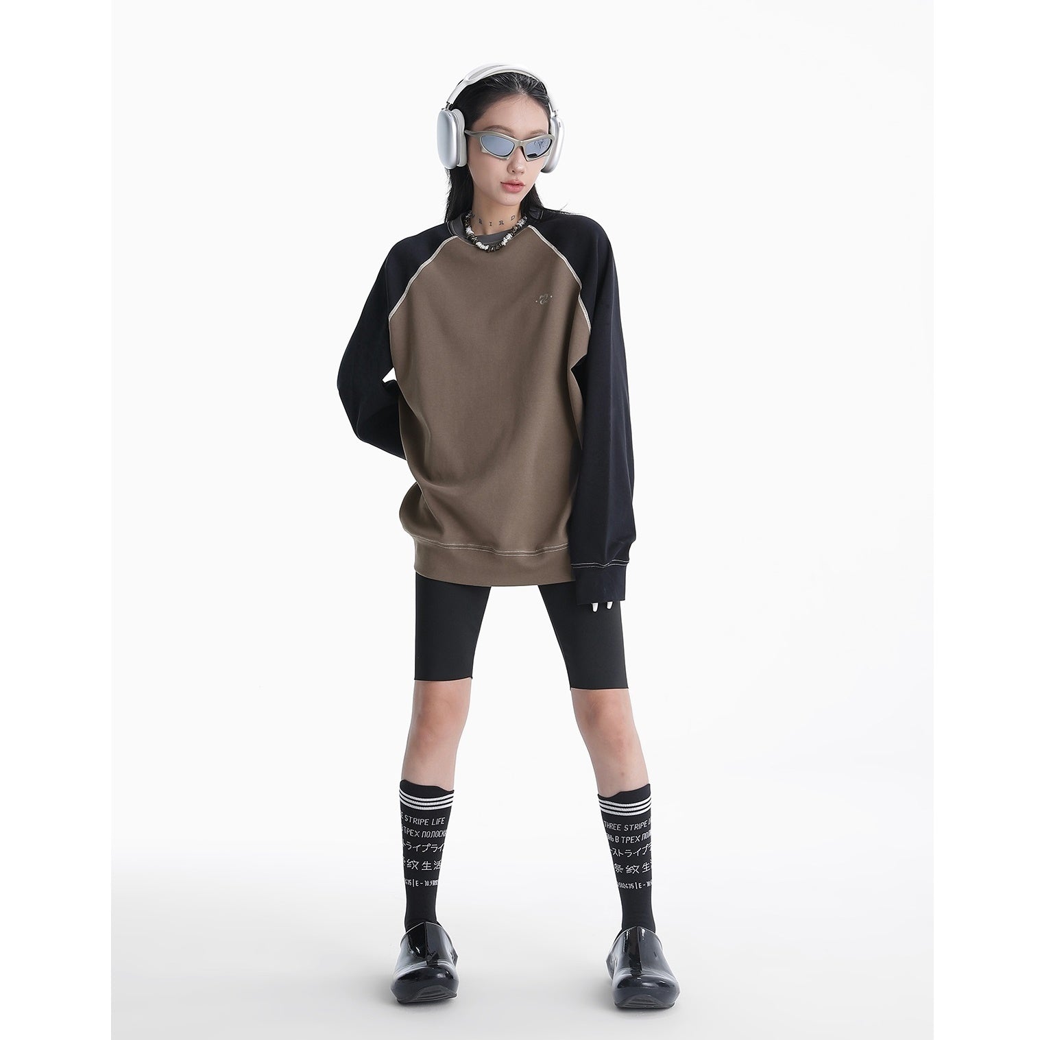 Raglan Sleeves Color-blocked Loose Cutsew AC7057