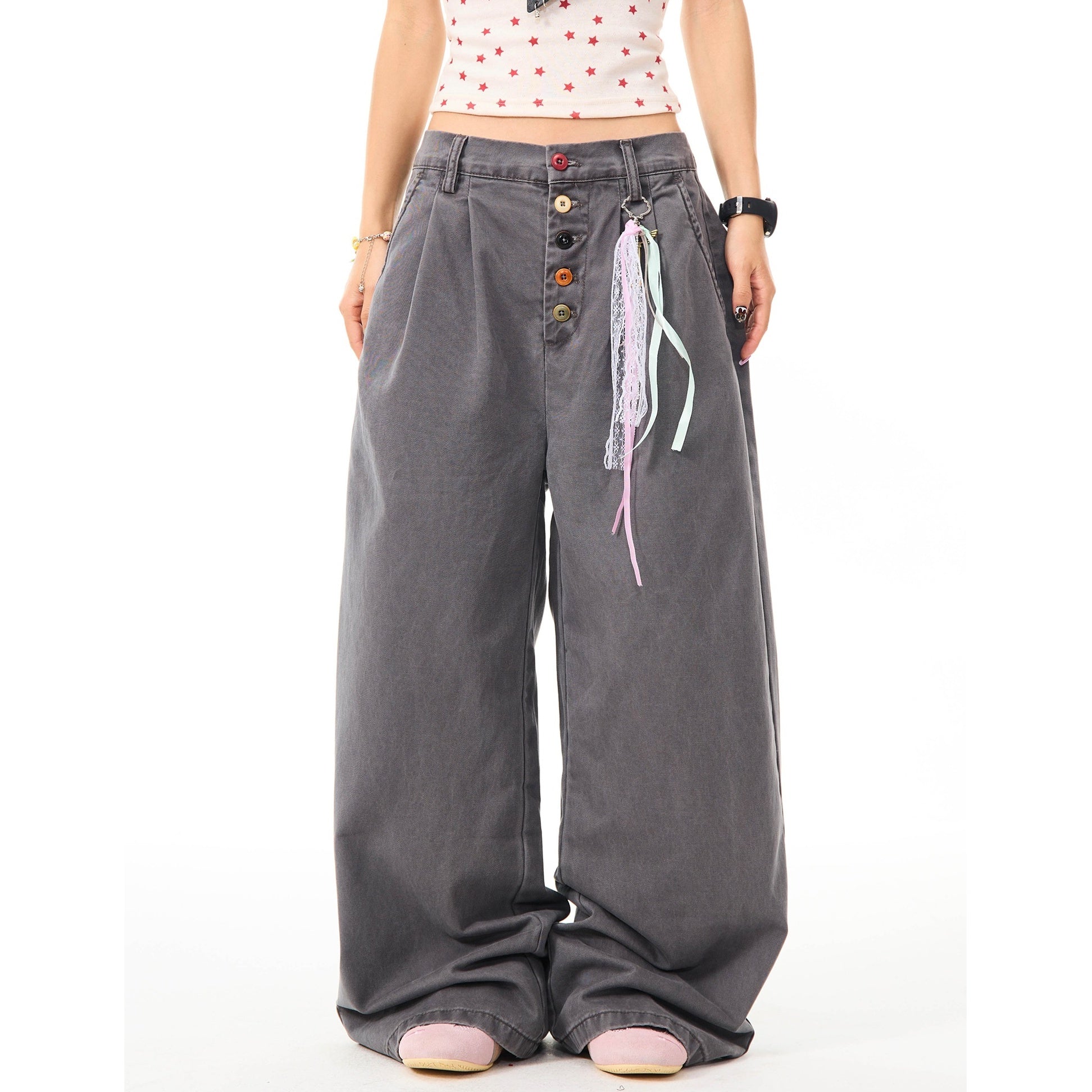 Color Button Wide Straight Pants MW10099