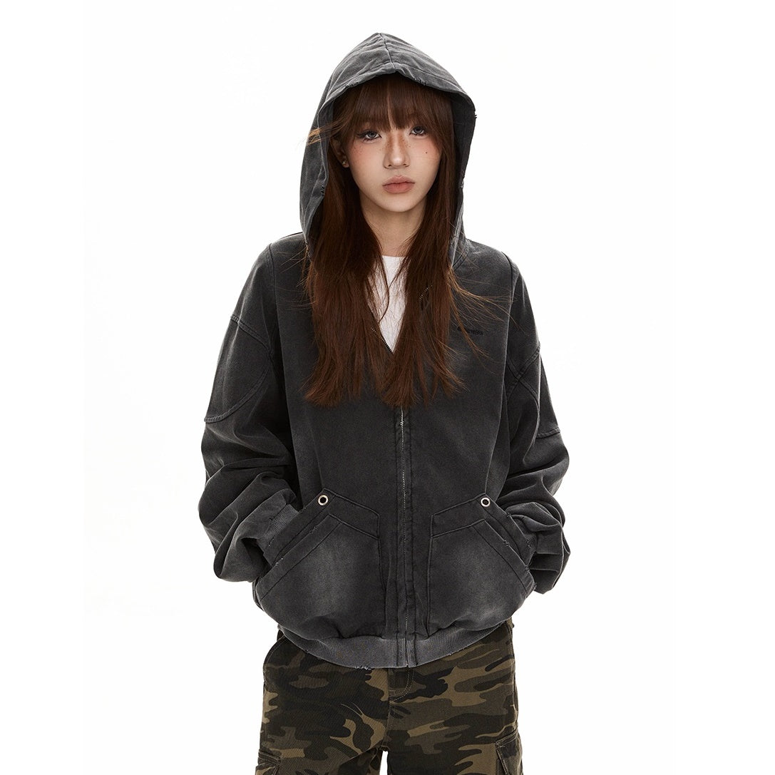 Wash Distressed Hooded Zip-Up Parka MW9493