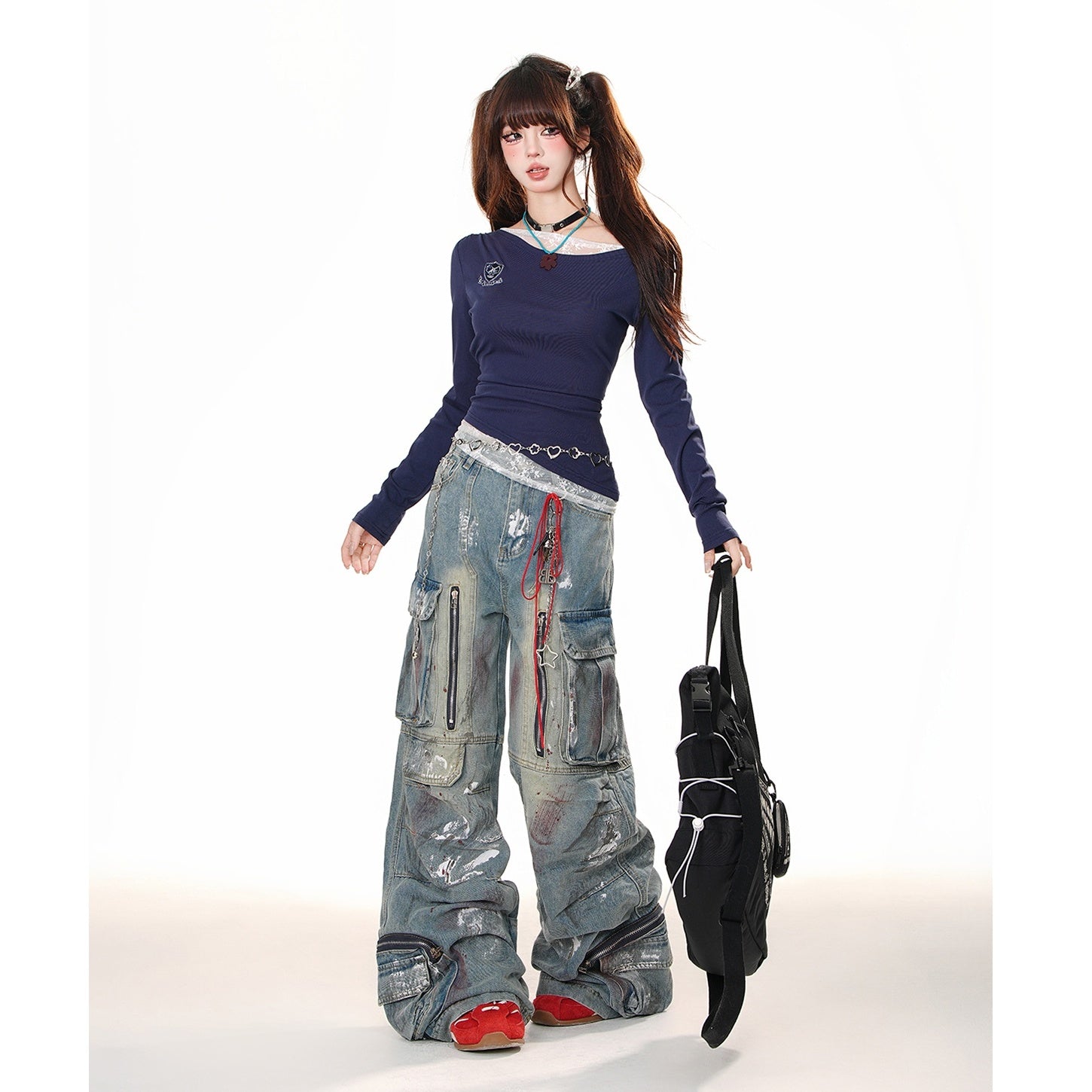 Paint Wide-Leg Zipper Cargo Jeans KK2055