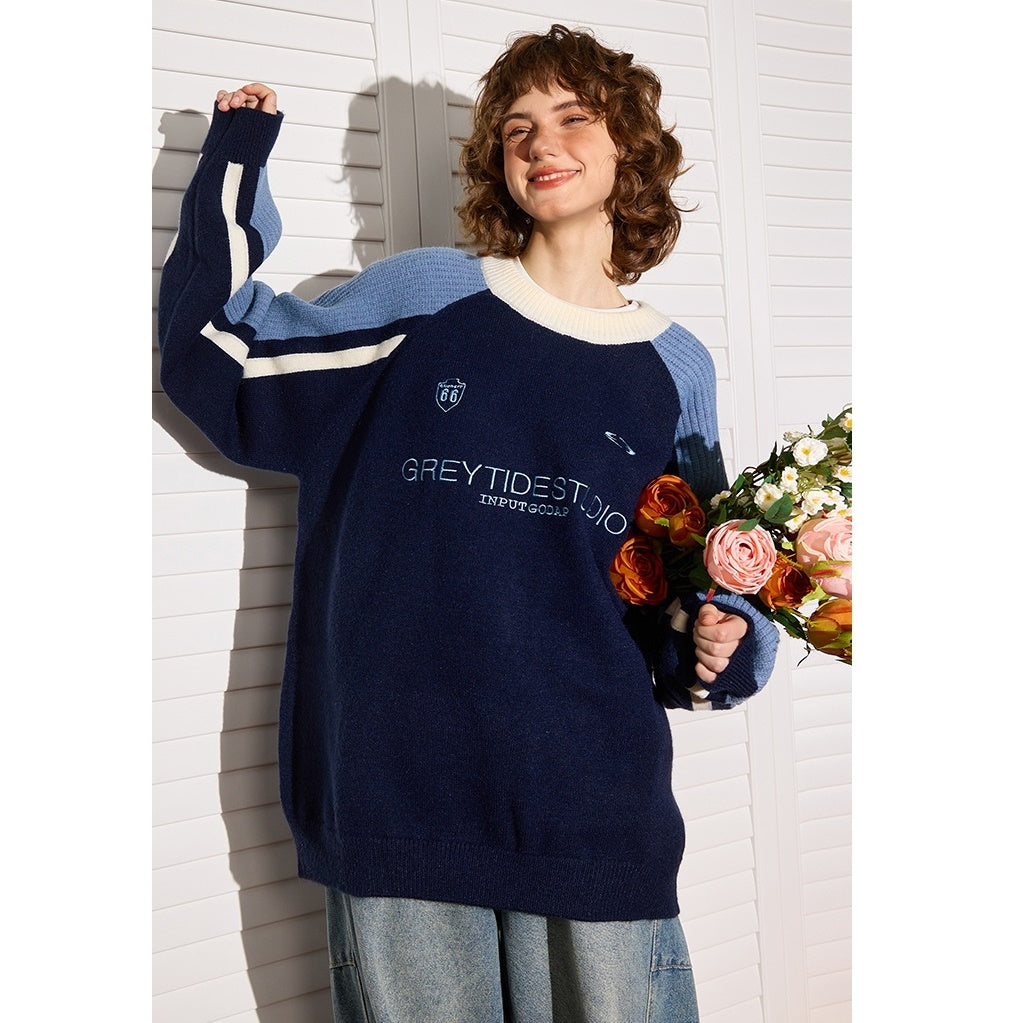 Color Stitching Crew Neck Retro Sweater MW9471