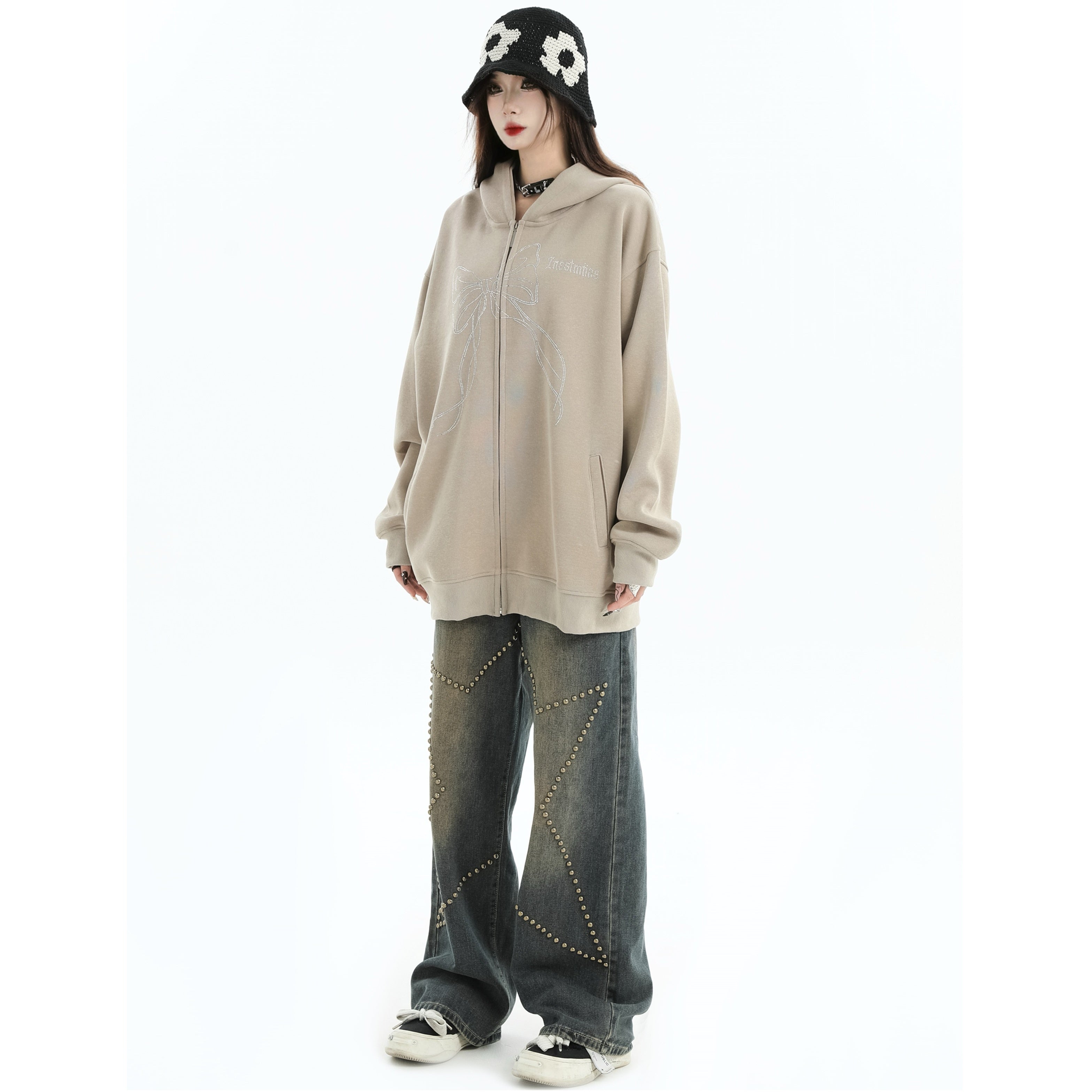 Rhinestone Bow Logo Loose Hooded Zip Parka IN7012