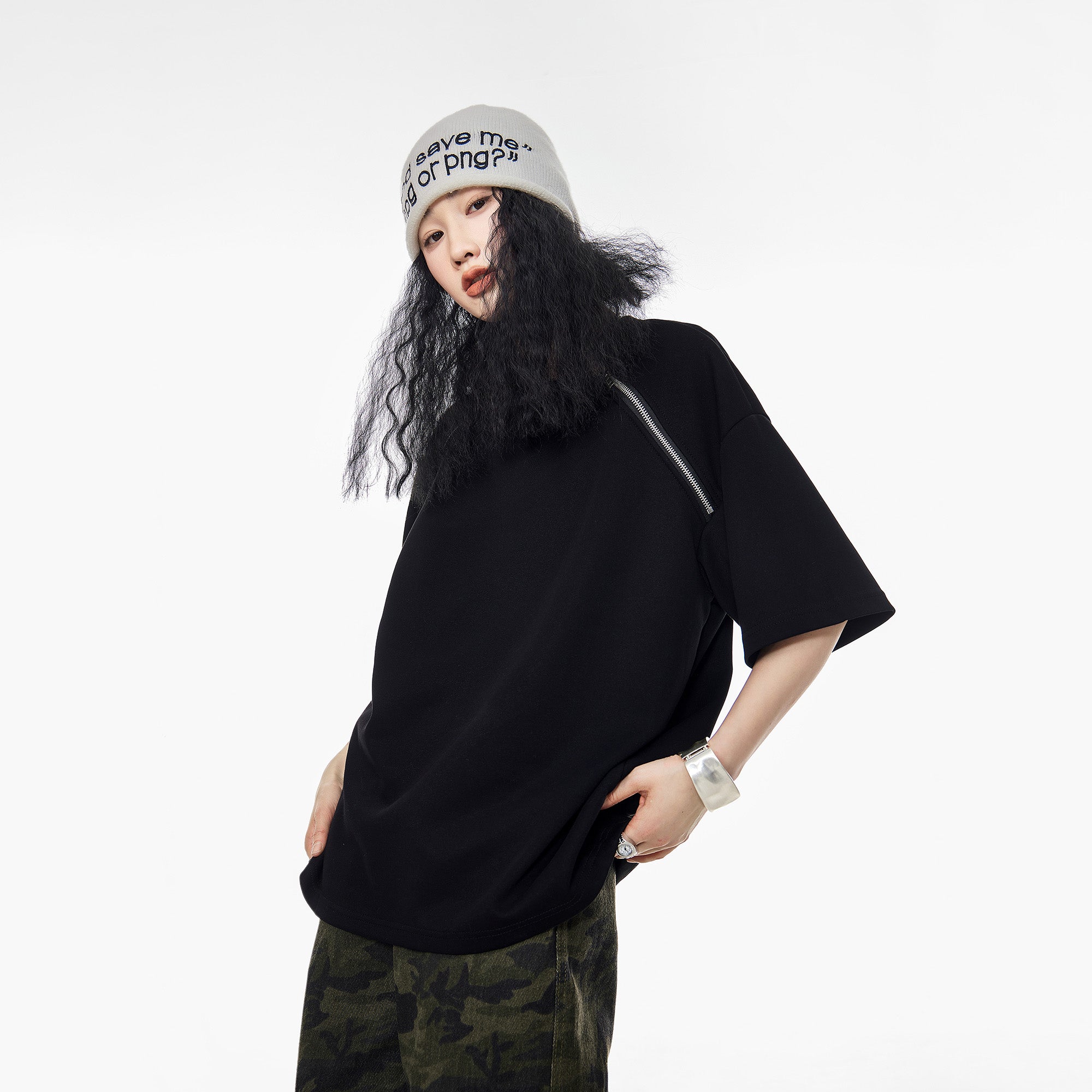 Zipper Shoulder Design T-Shirt IC9061