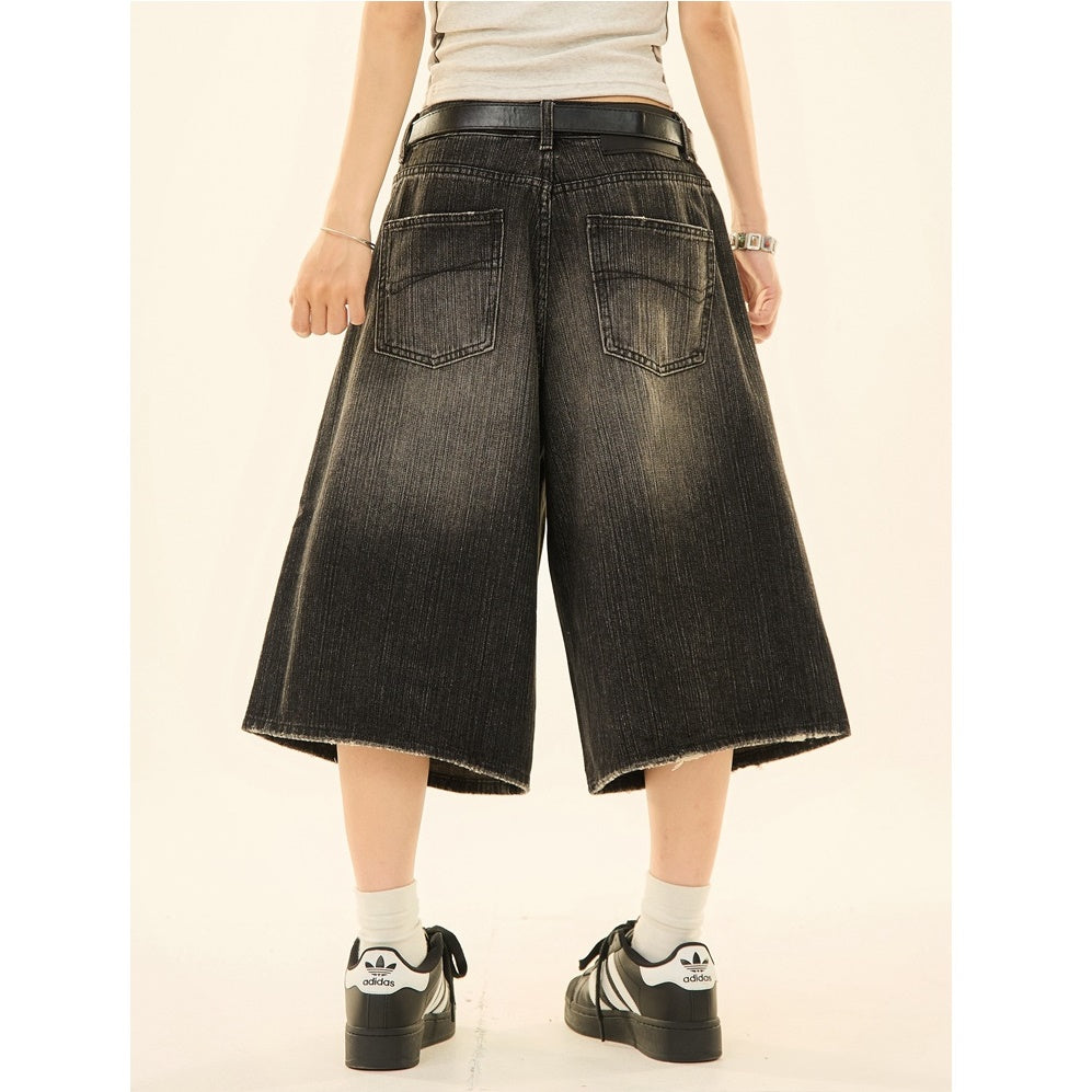 Vintage Wash Distressed Denim Wide-leg Cropped Pants MW9267