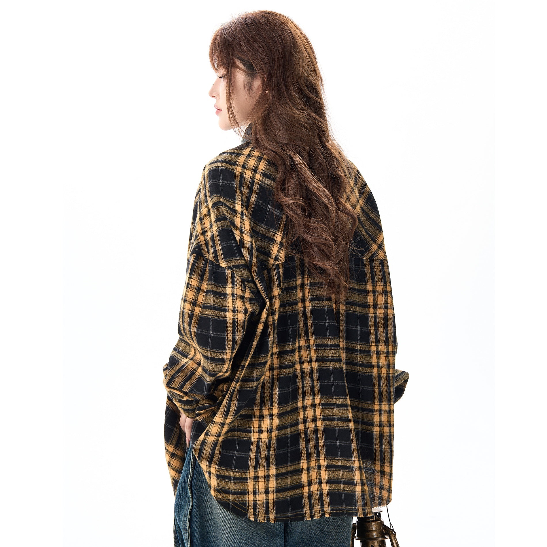 Plaid Denim Collar Loose Shirt MW9376