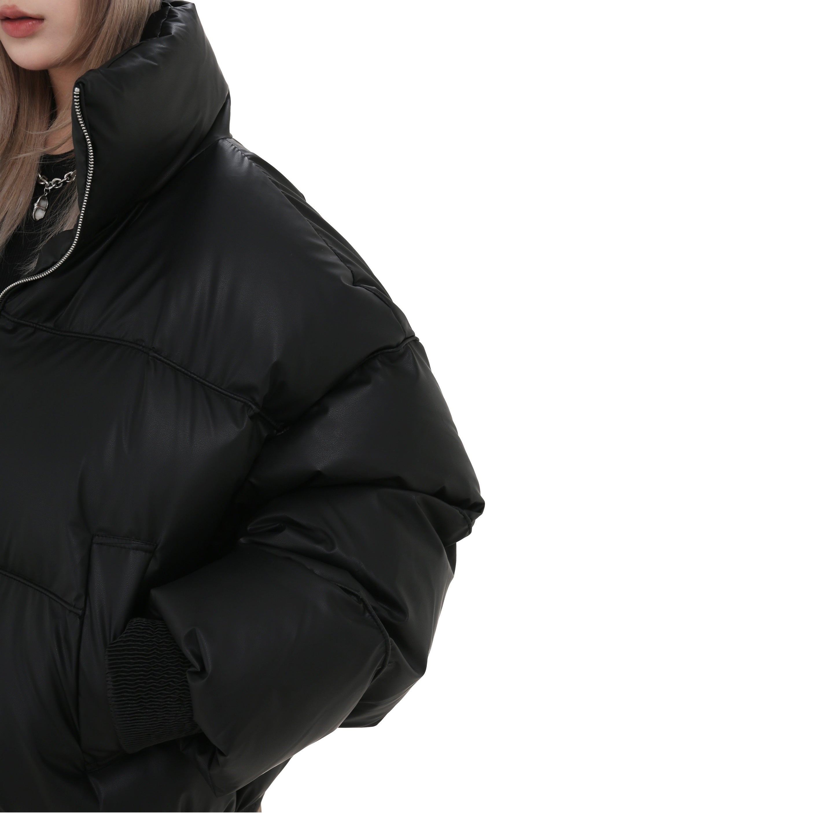 High Neck PU Leather Short Padded Jacket MW9758