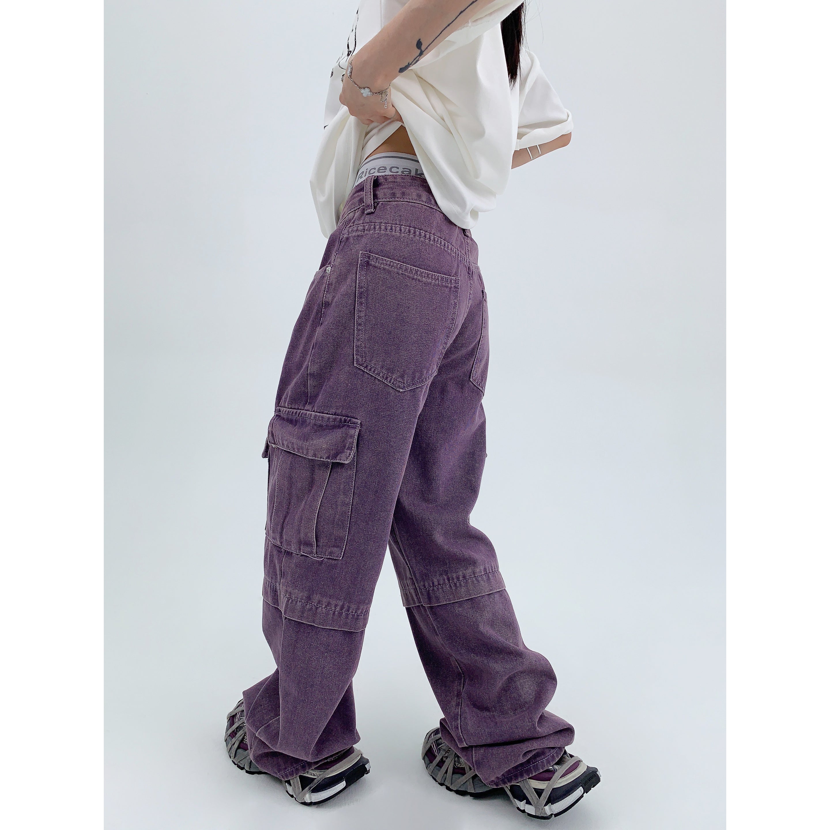 Wash Purple Straight-leg Denim Cargo Pants MW9315