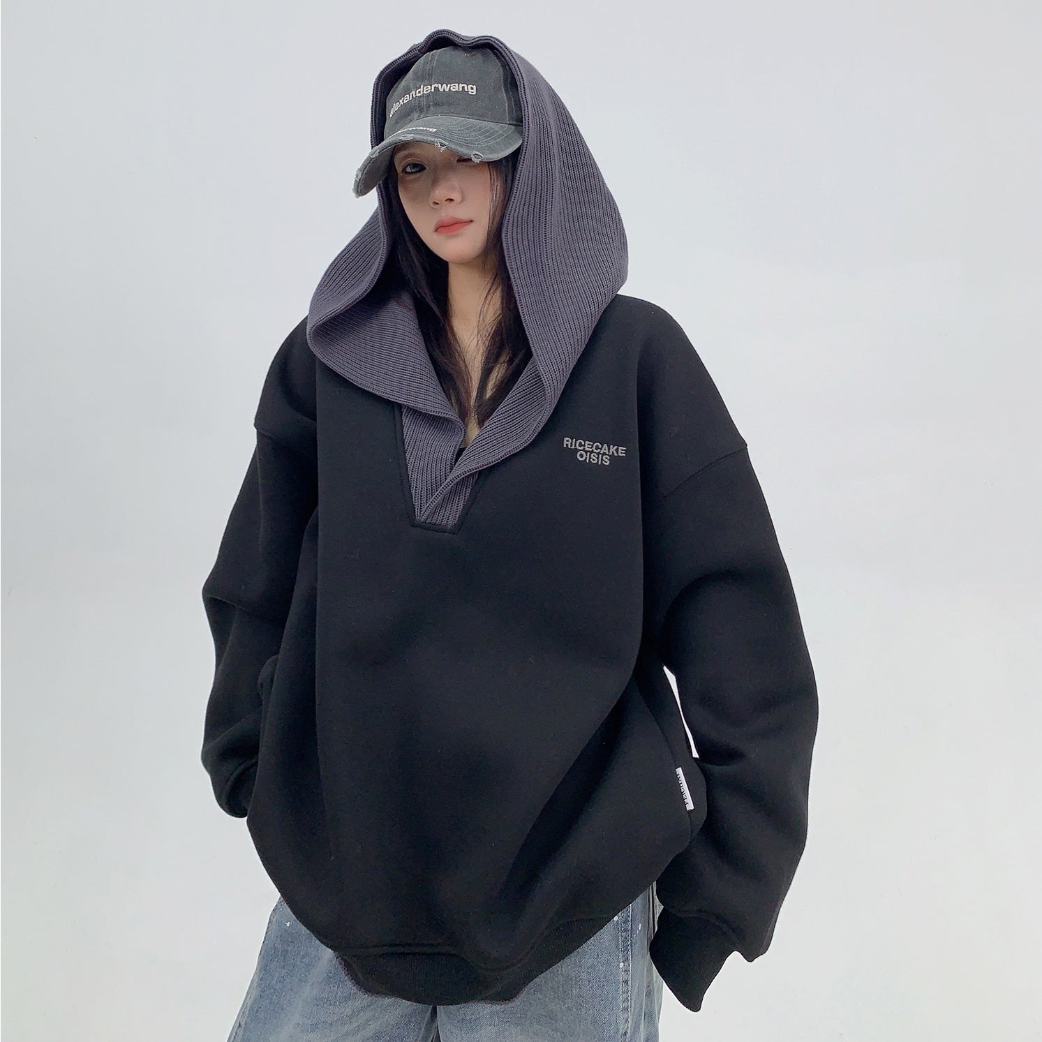 Knit Hooded Stitching Sweat Pullover MW9842