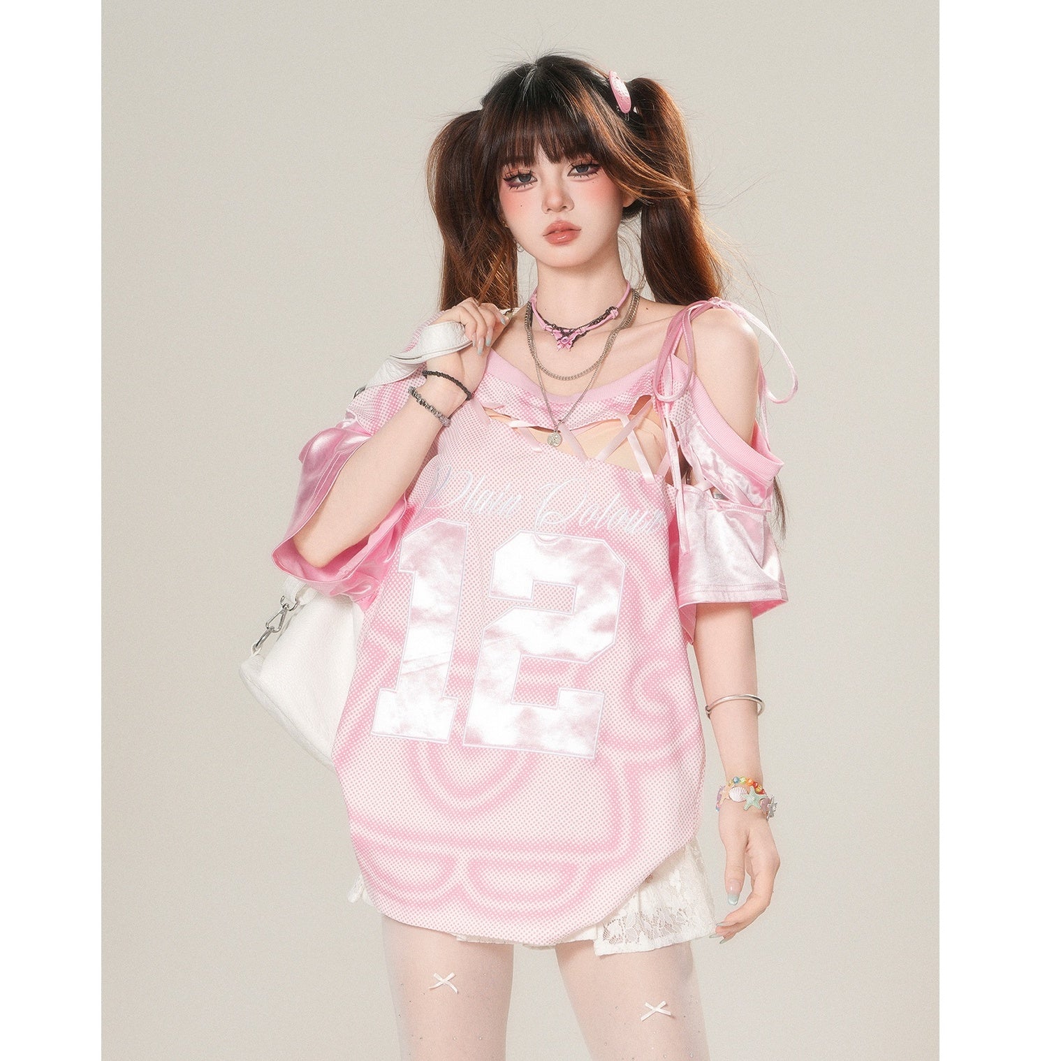 Embroidery Cut-out Lace-up Loose T-Shirt KK2060