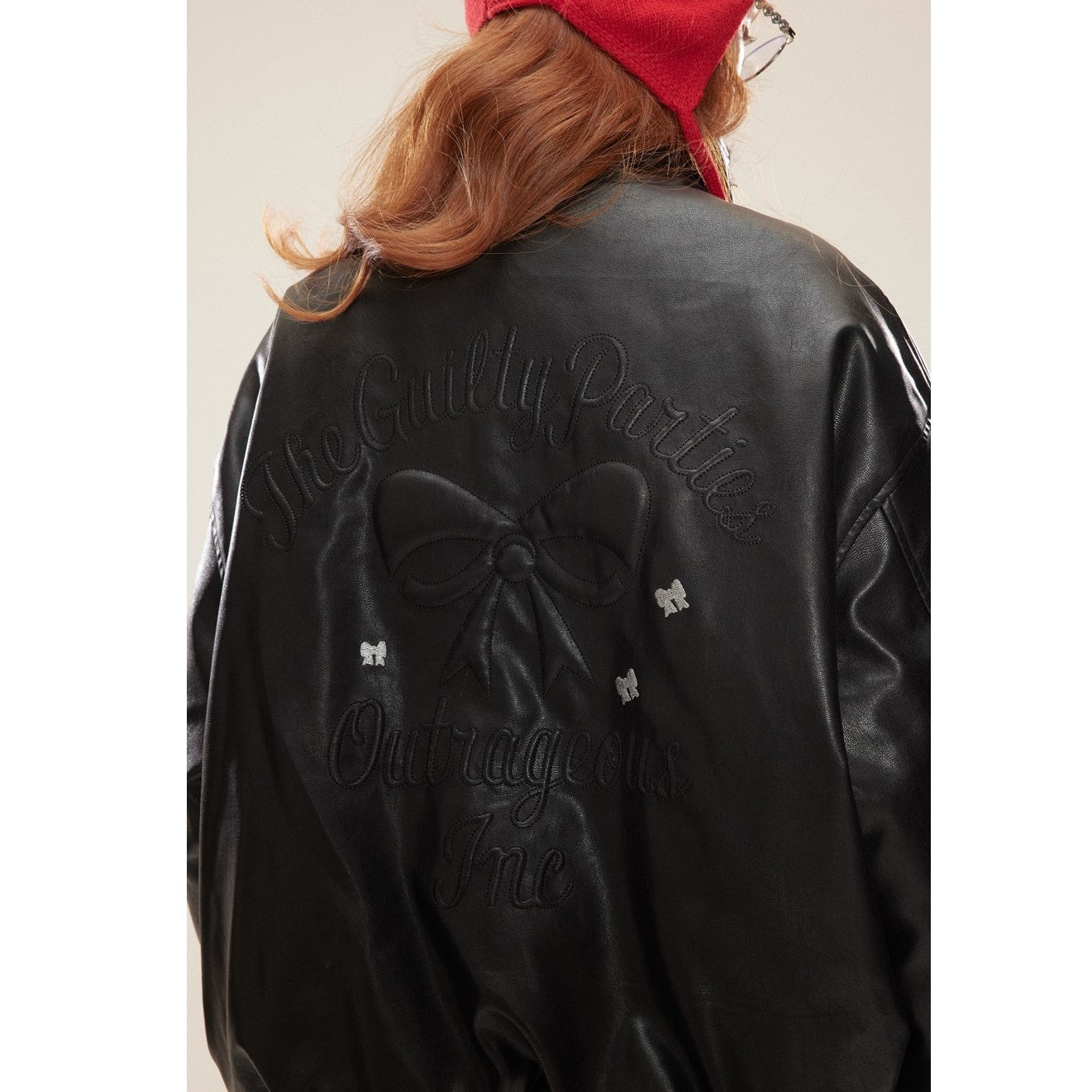 Back Bow Emboss PU Leather Jacket MY2407