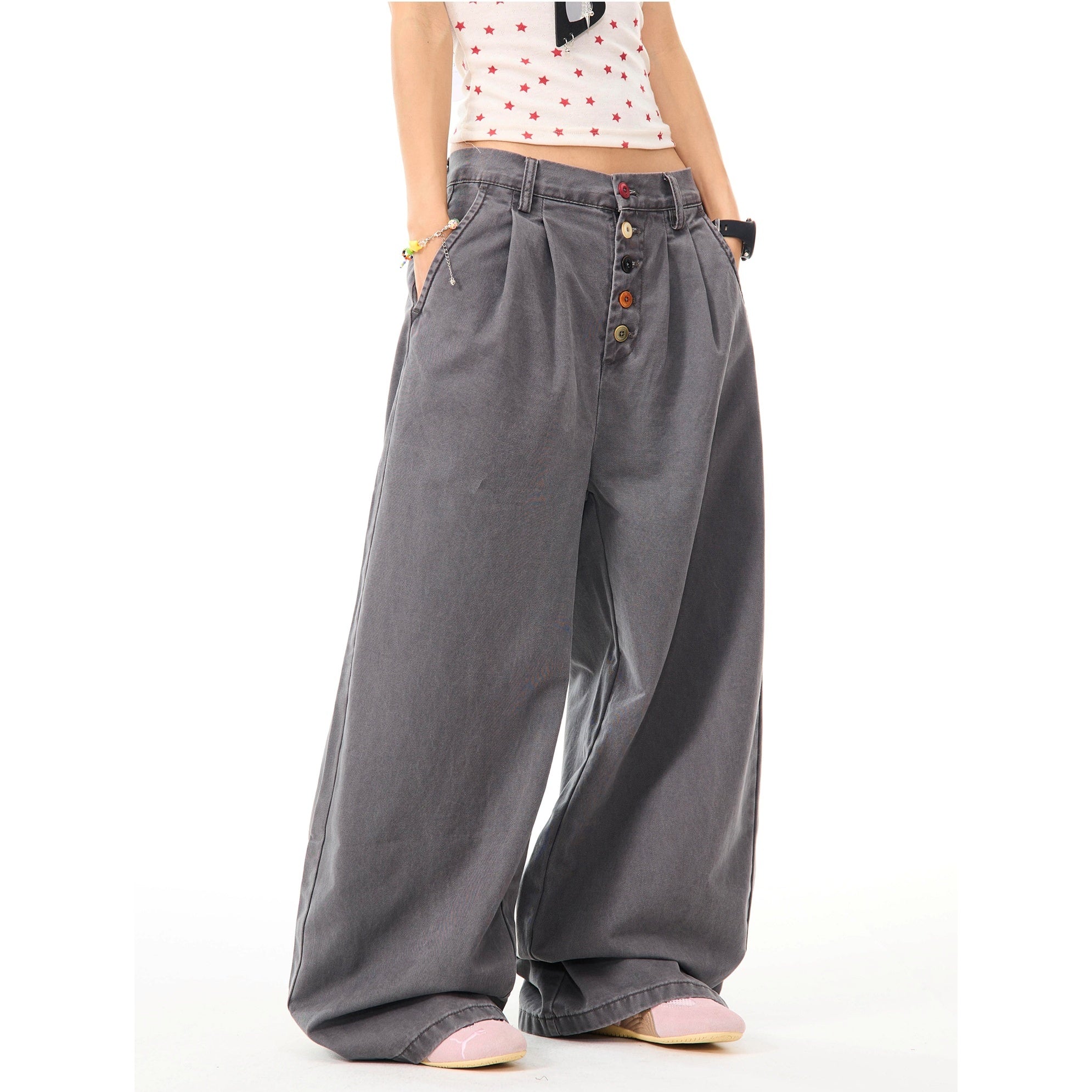 Color Button Wide Straight Pants MW10099