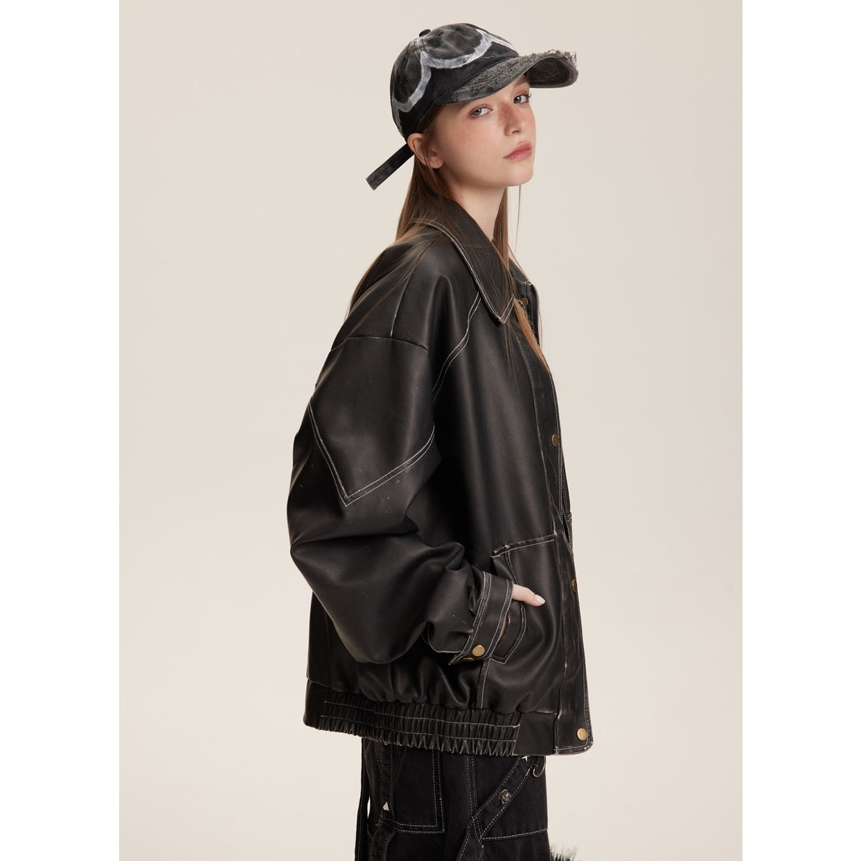 Loose Motorcycle Stitch PU Leather Jacket MW9579