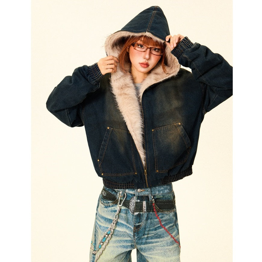 Fluffy Fur Denim Hooded Jacket MW9703