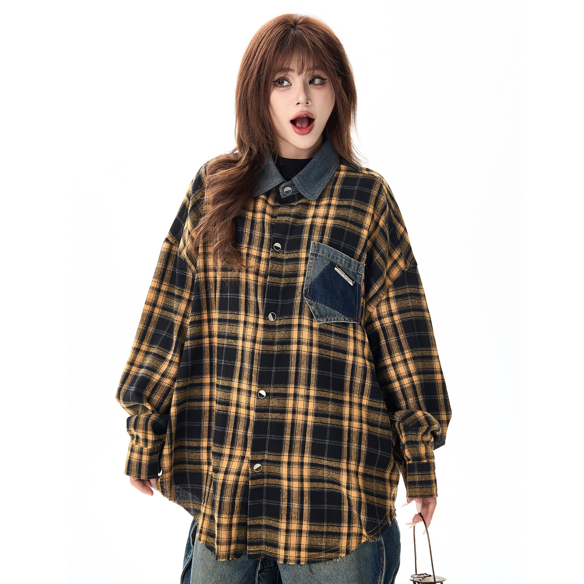 Plaid Denim Collar Loose Shirt MW9376