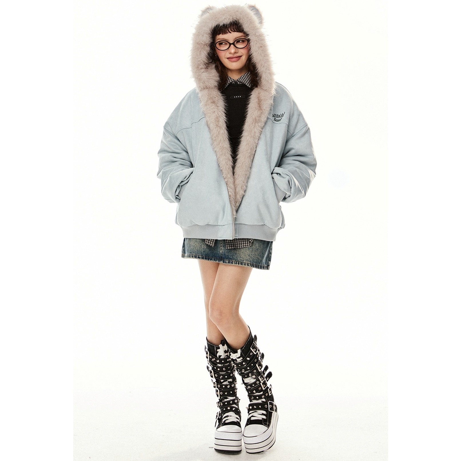 Fur Stitch Cat Ears Hooded Jacket EZ224