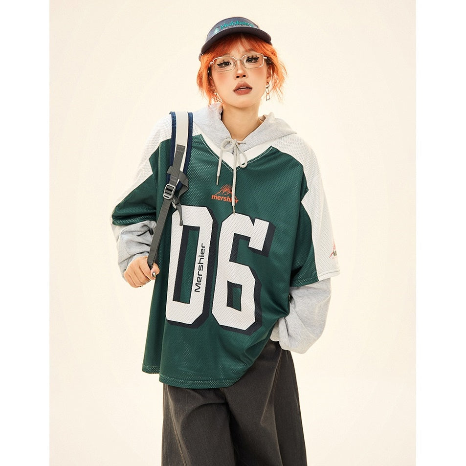 Vintage Fake Layered Sporty Hooded Pullover MW9333