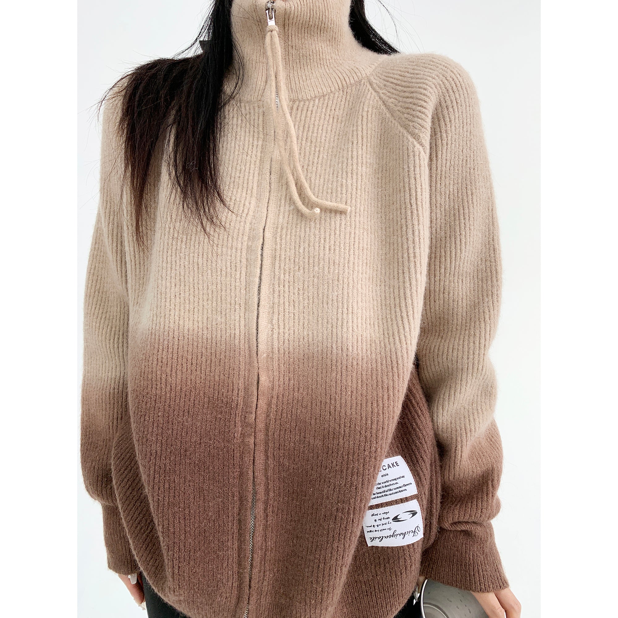 Distressed Gradient HighNeck Knitted Zip Jacket MW9545