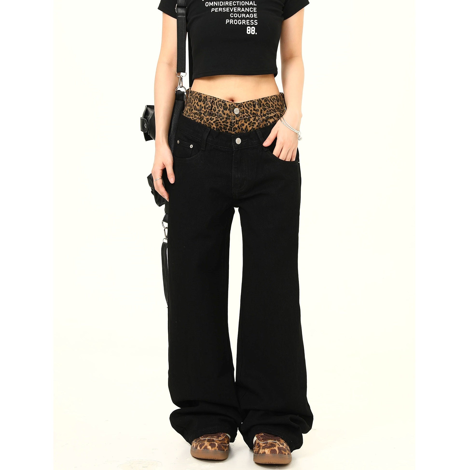 Double Waist Leopard Panel Wide-Leg Jeans MW9278