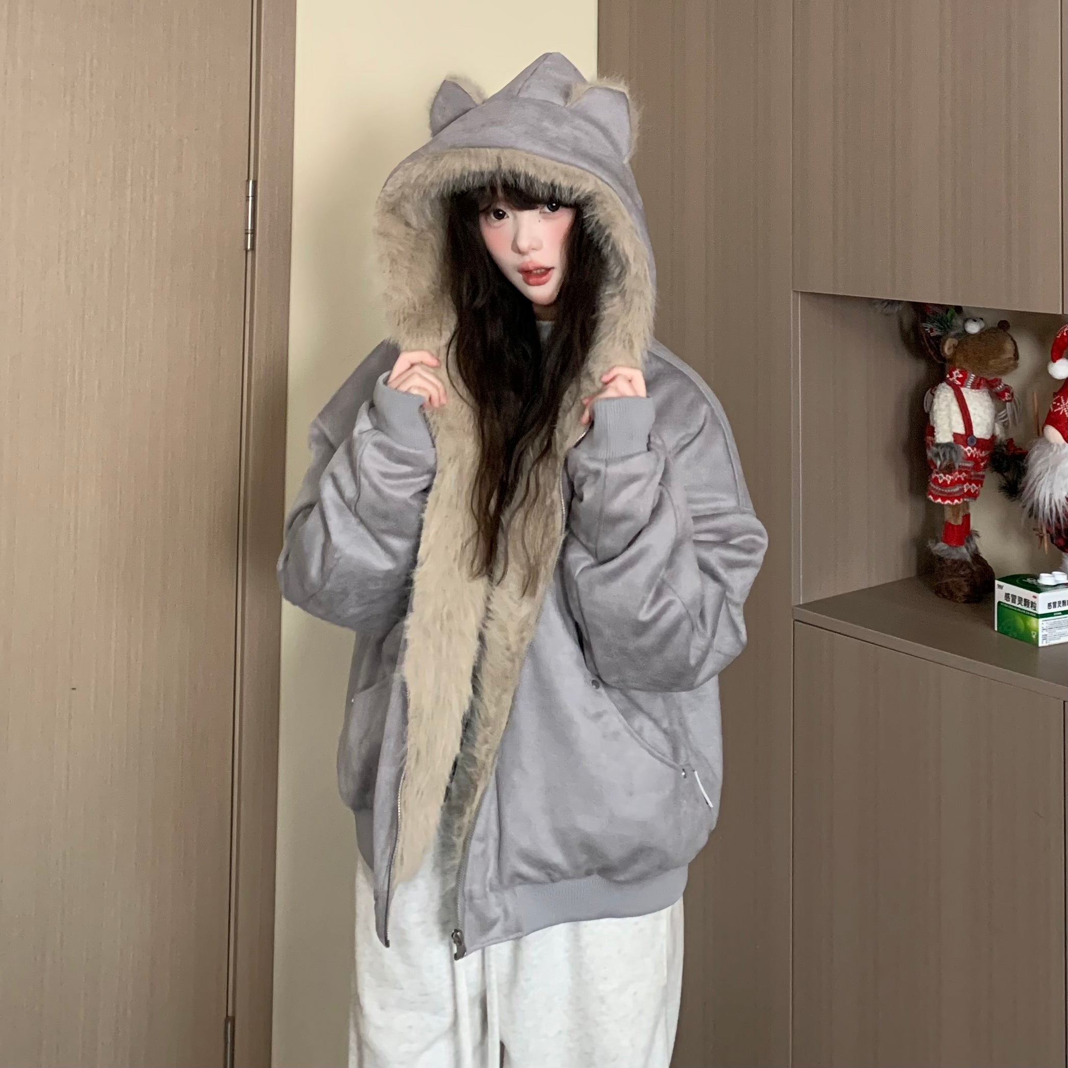 Fur Stitch Cat Ears Hooded Jacket EZ224